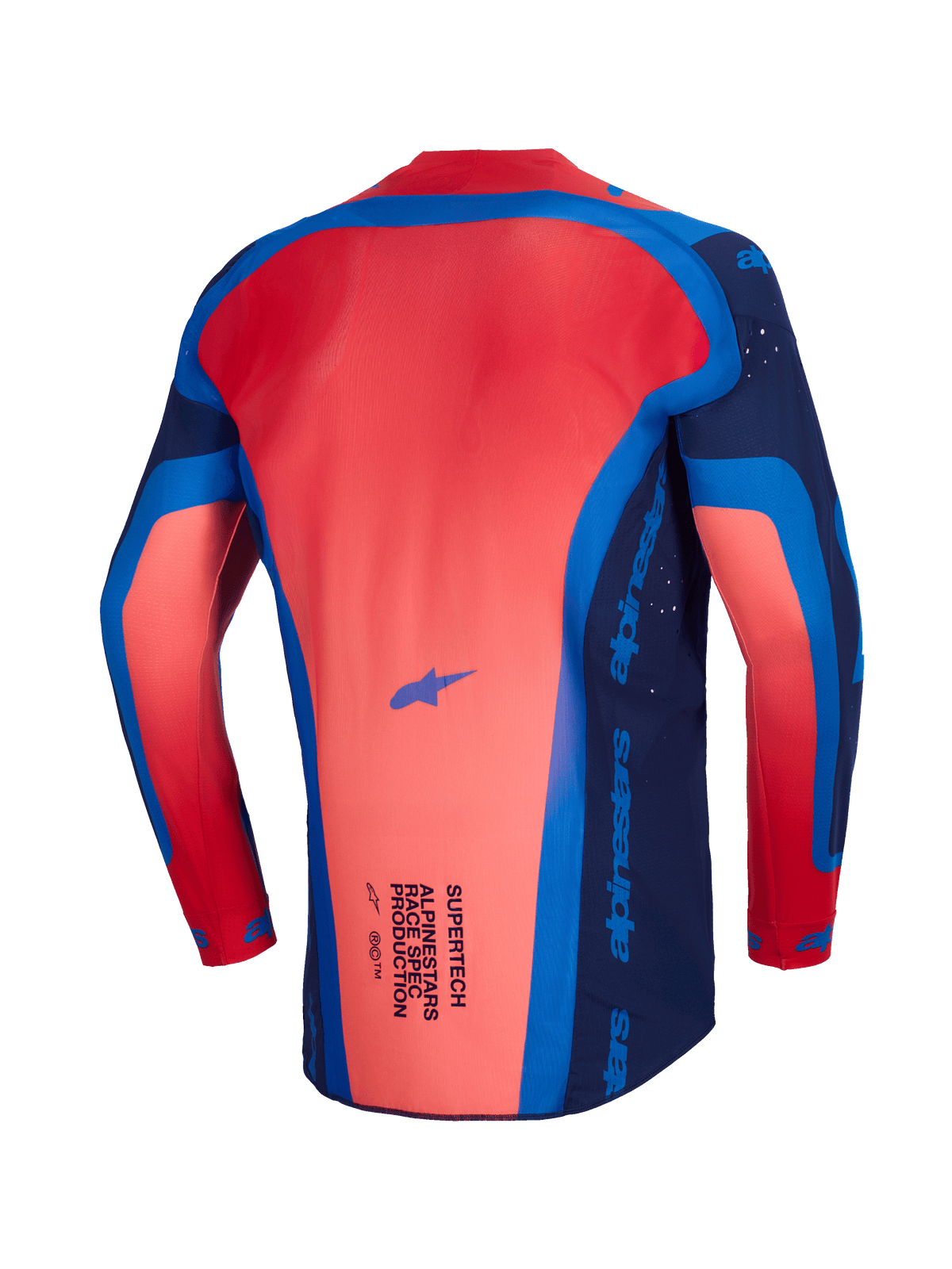 Alpinestars Supertech Vista Jersey 2026, jersey de motocross, azul marino oscuro, coral intenso y cobalto, vista posterior que muestra el perfil trasero extendido y la construcción de malla ligera