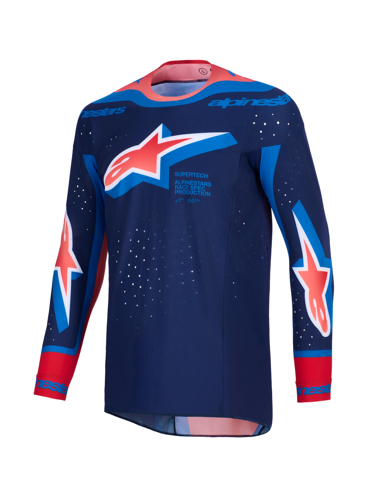 Alpinestars Supertech Vista Jersey 2026, jersey de motocross, azul marino oscuro con detalles en Hot Coral y azul cobalto, con logotipos Astar grandes en el pecho y las mangas, ajuste atlético de carrera con perforaciones cortadas con láser y un cuello unido sin costuras.