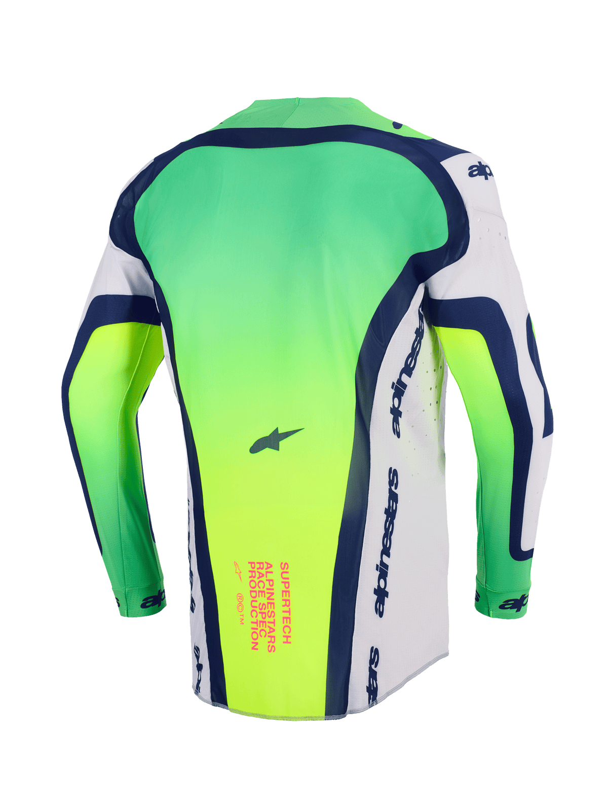 Alpinestars 2026 Supertech Vista Jersey, jersey de motocross, verde neón, blanco y azul marino, vista trasera con parte posterior alargada, perforaciones cortadas por láser en los laterales, gráfico de texto en rosa en la parte inferior de la espalda, equipamiento de competición profesional ligero
