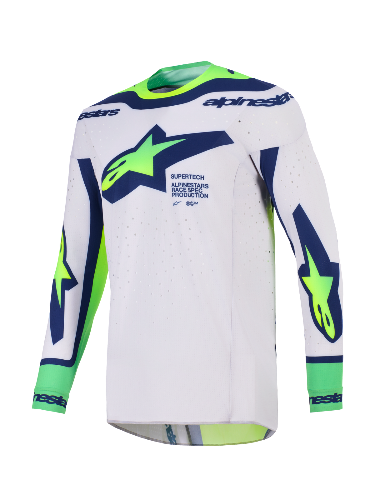Jersey Alpinestars 2026 Supertech Vista, jersey de motocross, gris claro con azul y amarillo flúor, con el logotipo grande de Alpinestars en el pecho, orificios de ventilación cortados con láser y construcción sin costuras para carreras off-road