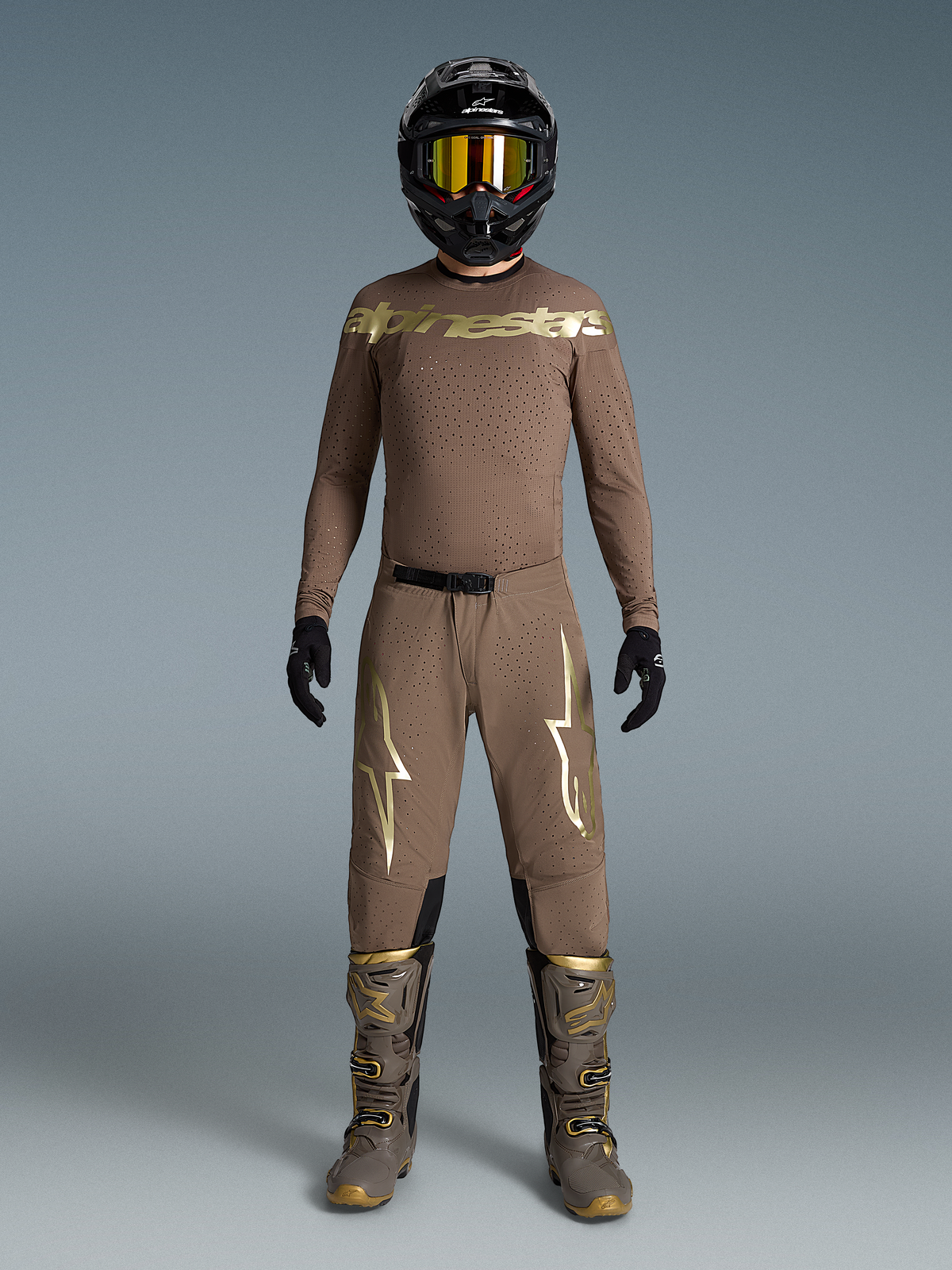 Alpinestars Limited Edition Supertech Air Gold Gear Set, Earth Brown and Gold ventilated motocross kit with helmet and boots.