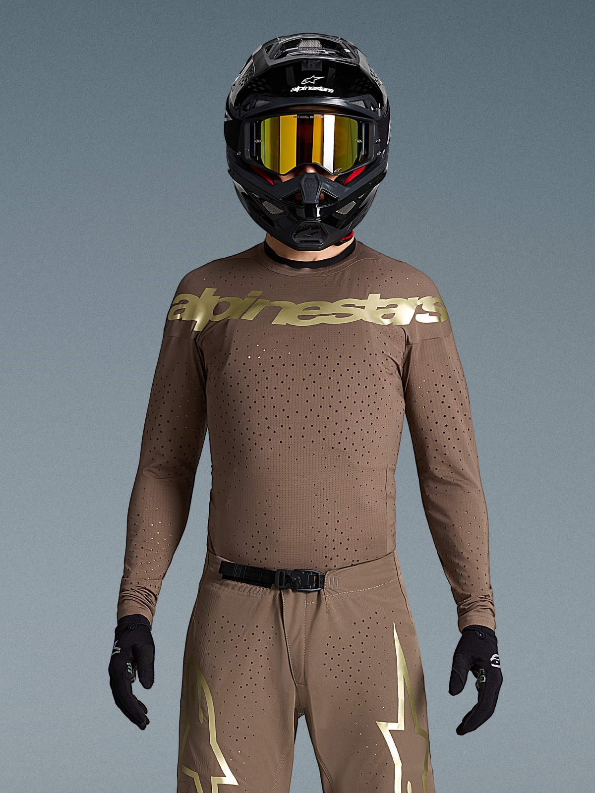 Alpinestars Supertech Air Gold edición limitada, jersey de motocross para hombre, marrón y dorado con ventilación láser