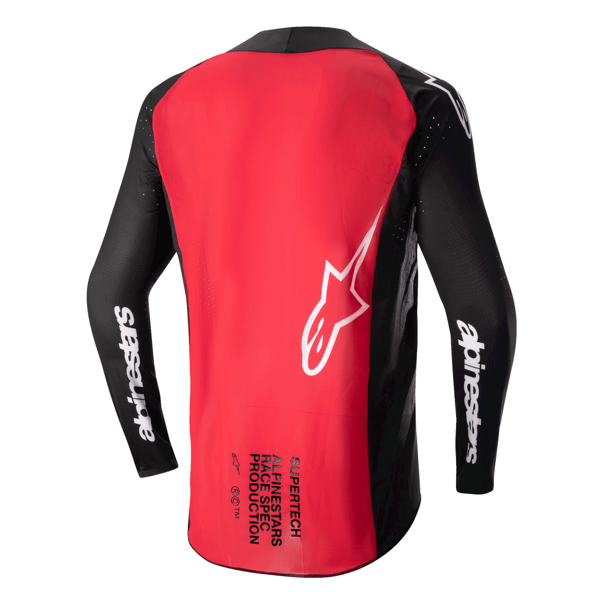 Alpinestars Supertech Ward Jersey 2024, jersey de motocross, negro y rojo berry, vista posterior que muestra un gran panel trasero rojo, mangas de malla negras con la marca Alpinestars en blanco, logotipo de estrella blanca y texto Supertech Race Spec en la parte inferior de la espalda.