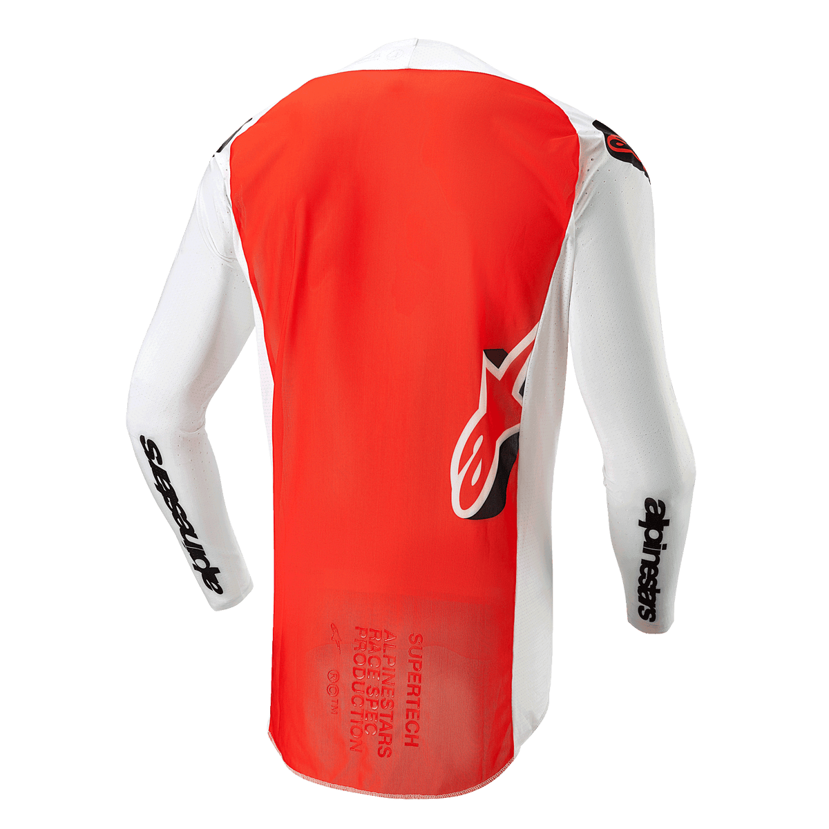 Jersey Alpinestars Supertech Ward 2024, vista trasera, blanco y naranja intenso, con un panel central naranja vibrante, mangas y paneles laterales blancos con la marca Alpinestars en negro y el logo Astar en la parte inferior de la espalda, construcción de malla de nivel profesional para motocross.