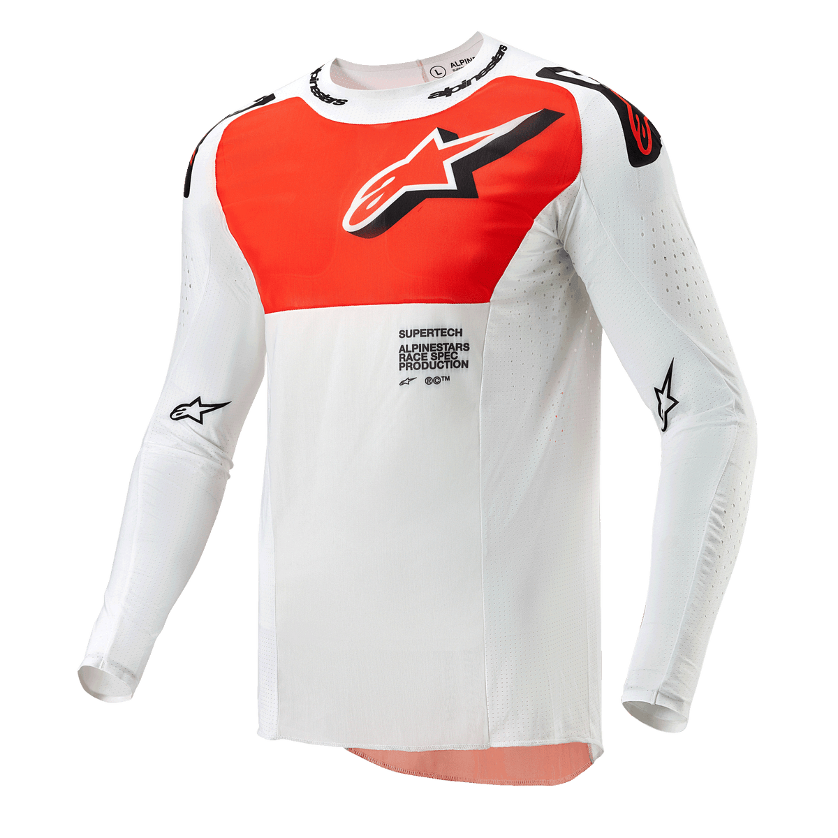 Alpinestars 2024 Supertech Ward Jersey, jersey de motocross, blanco y naranja vibrante, camiseta técnica de manga larga con un gran gráfico naranja en el pecho, logotipo de estrella y construcción perforada transpirable para carreras off-road.
