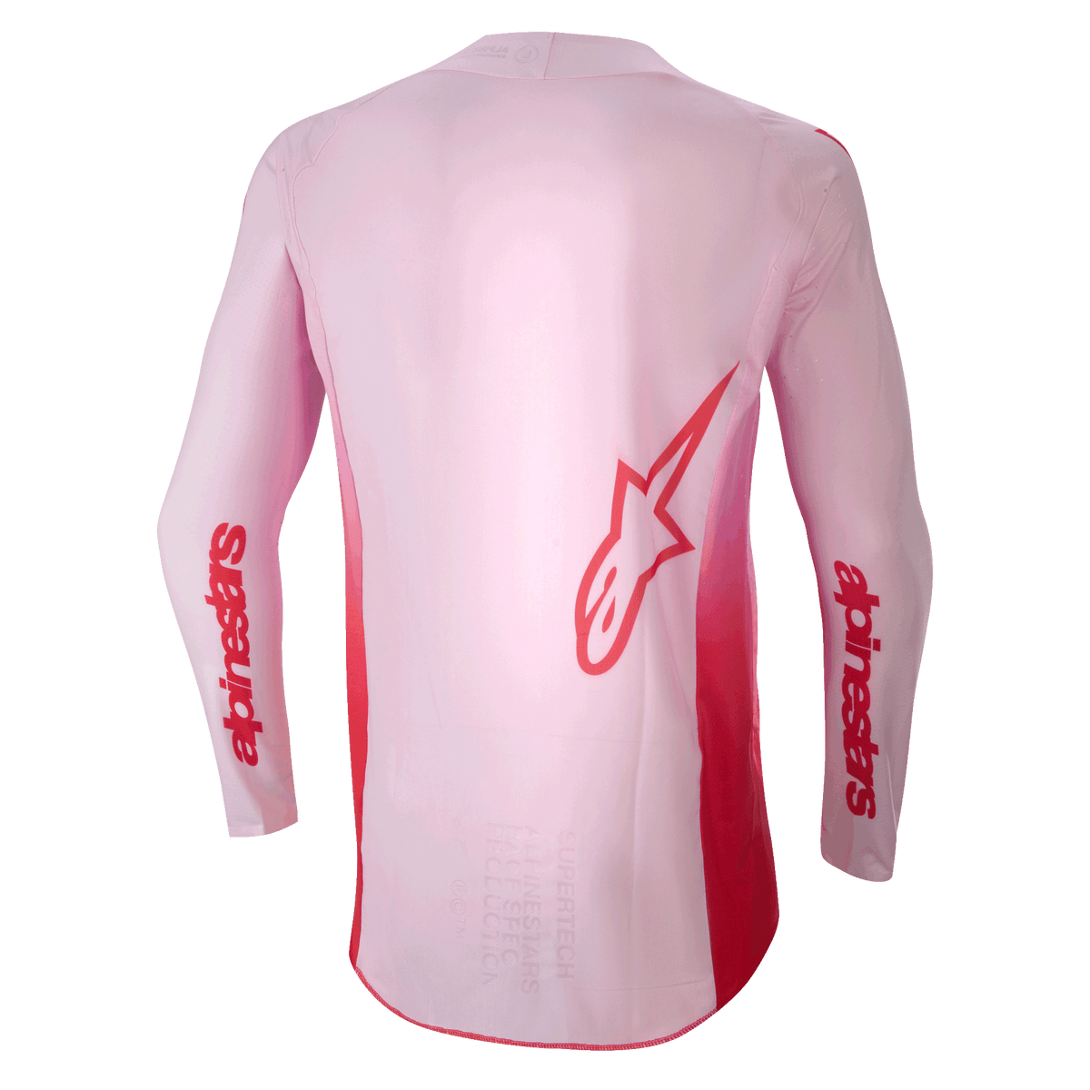 Jersey Alpinestars Supertech Dade 2024, jersey de motocross, Rojo Berry Lilac, vista trasera con un gran logotipo Astar rojo en la espalda y marca Alpinestars roja en las mangas, construcción de malla elástica ligera con panel trasero extendido para un rendimiento todoterreno.