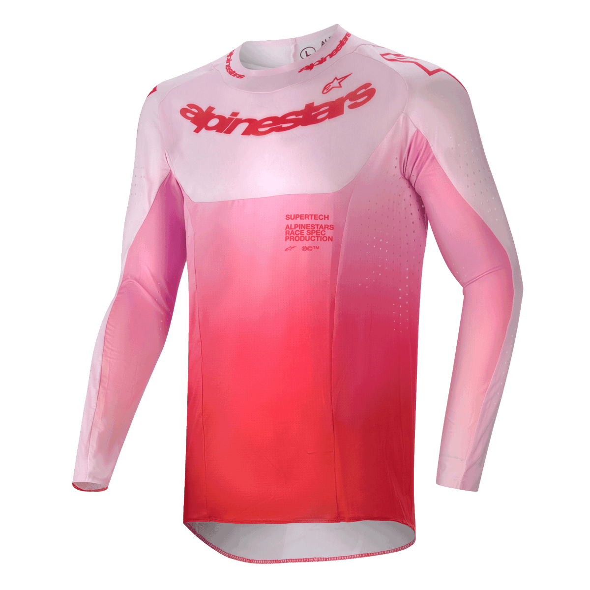 Alpinestars Supertech Dade Jersey 2024, jersey de motocross, color rojo berry lilac con un diseño en degradado de rosa a rojo, ajuste atlético de manga larga con orificios de ventilación cortados con láser y logotipo llamativo en el pecho, equipamiento de alto rendimiento para motocross.