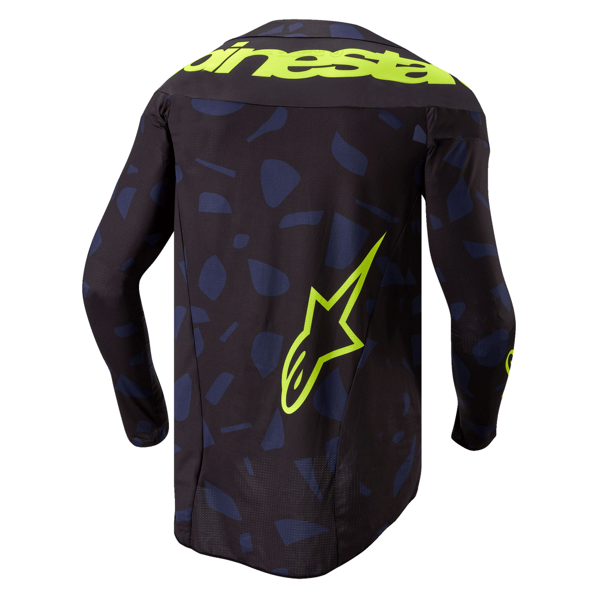 Alpinestars 2024 Techstar Rantera Jersey, jersey de motocross, negro, azul marino y amarillo flúor, vista trasera, con un patrón geométrico azul marino sobre una base negra, texto Alpinestars en amarillo flúor en los hombros y un gran logotipo de estrella en la parte inferior de la espalda, equipamiento técnico de manga larga para carreras off-road