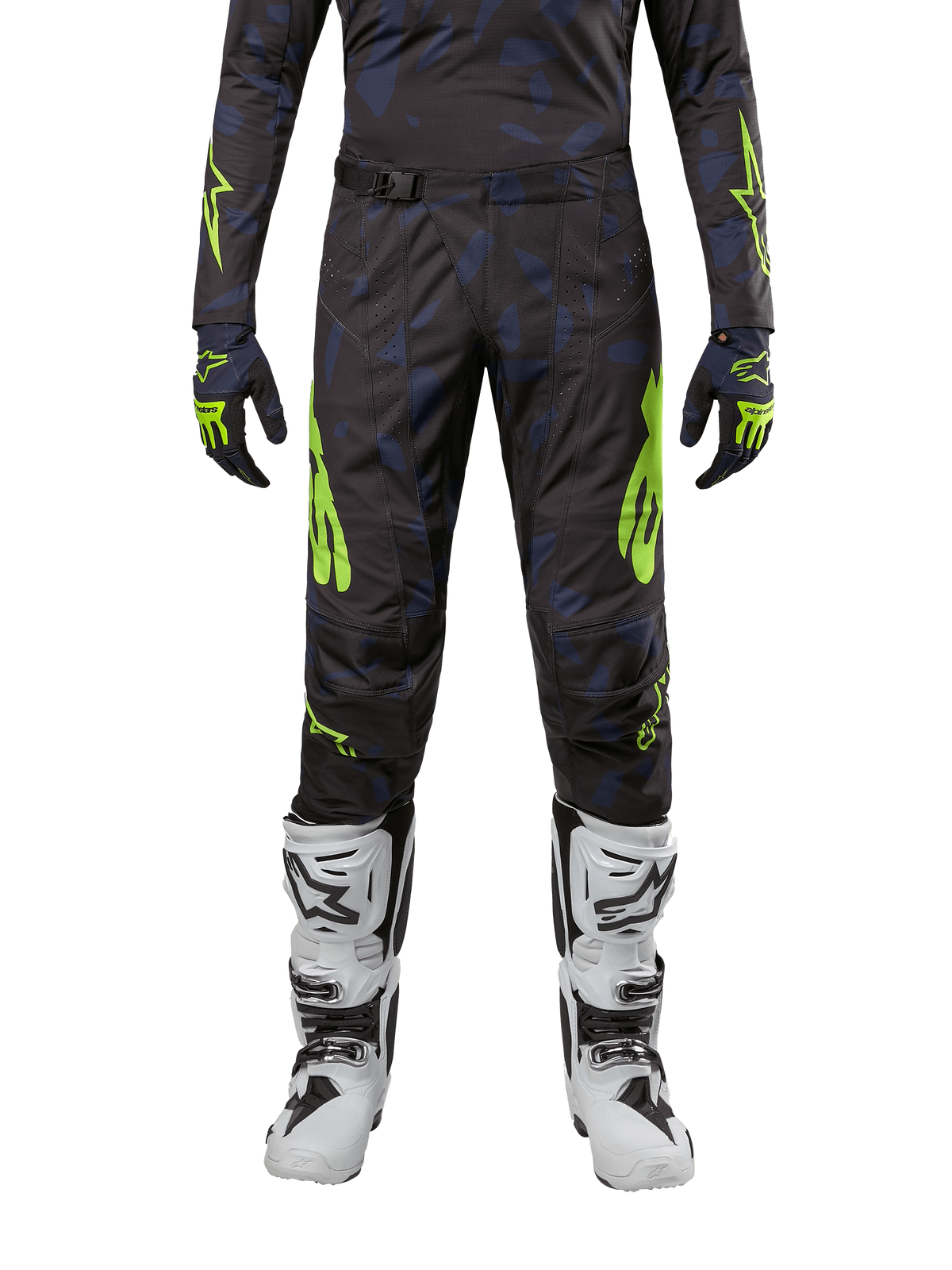 Alpinestars 2024 Techstar Rantera Pants, Motocross Pants, Black Navy and Yellow Fluo, worn with matching long-sleeve jersey, gloves and white motocross boots, featuring bold neon yellow accents and abstract dark pattern.