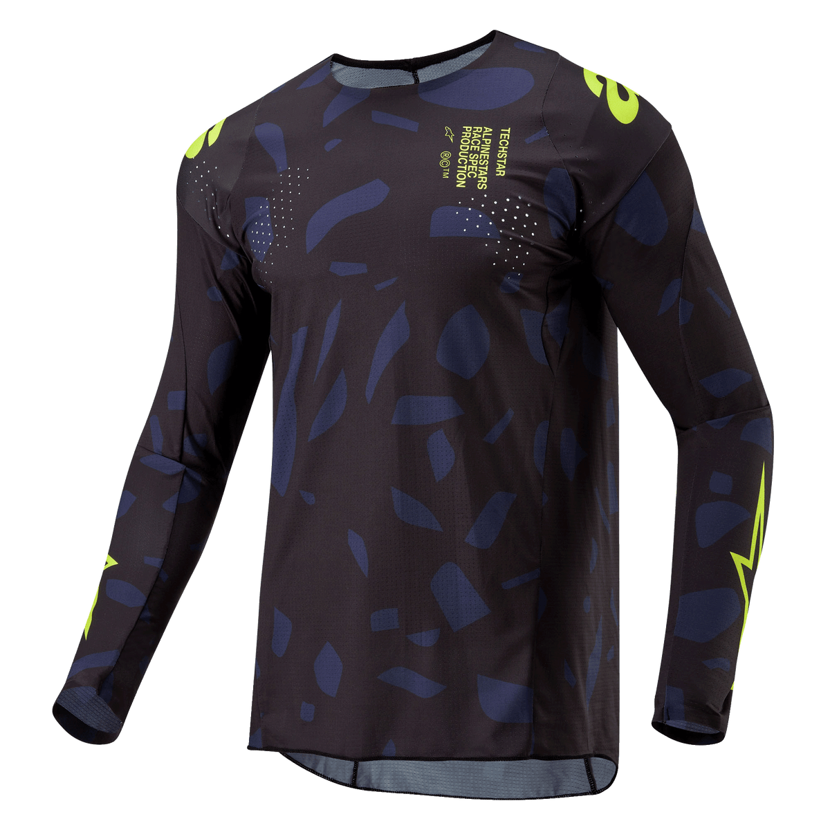 Alpinestars Techstar Rantera Jersey 2024, jersey de motocross de manga larga, negro, azul marino y amarillo flúor, ajuste atlético con patrón abstracto, logotipos y detalles de texto en amarillo neón, diseñado para rendimiento en todoterreno