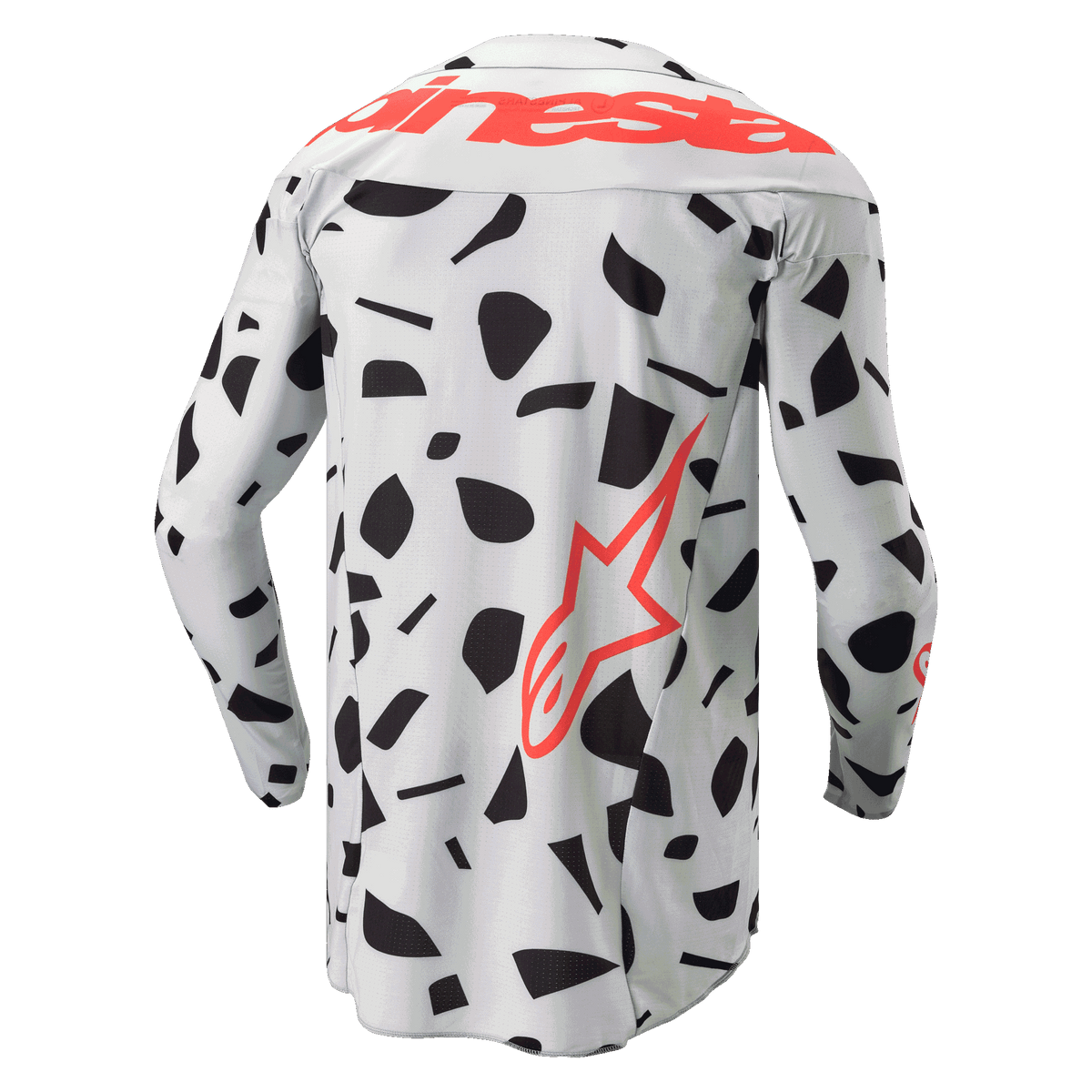 Alpinestars 2024 Techstar Rantera Jersey, back view, long-sleeve motocross jersey, Haze Gray Camo with black abstract patterns, featuring large red Alpinestars branding across the shoulders and a red star logo on the lower side, designed for off-road performance