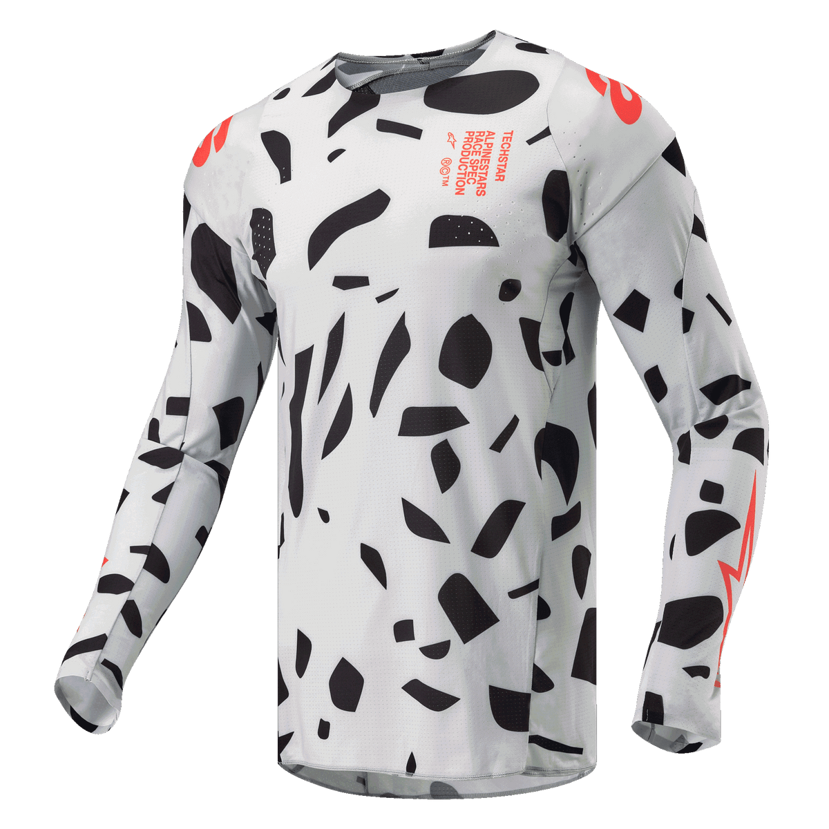 Alpinestars 2024 Techstar Rantera Jersey, Motocross Jersey, Haze Gray Camo with black abstract shapes and orange accents, long sleeves, technical off-road racing gear