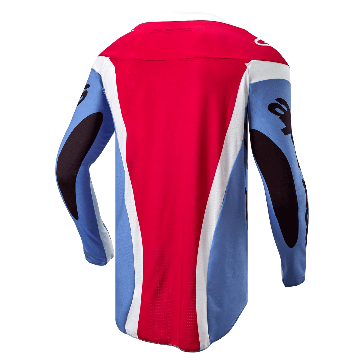 Jersey Alpinestars Techstar Ocuri 2024, jersey de motocross, azul claro, rojo Marte y blanco, vista trasera que muestra el ajuste atlético de competición, parte trasera extendida y gráficos negros en las mangas