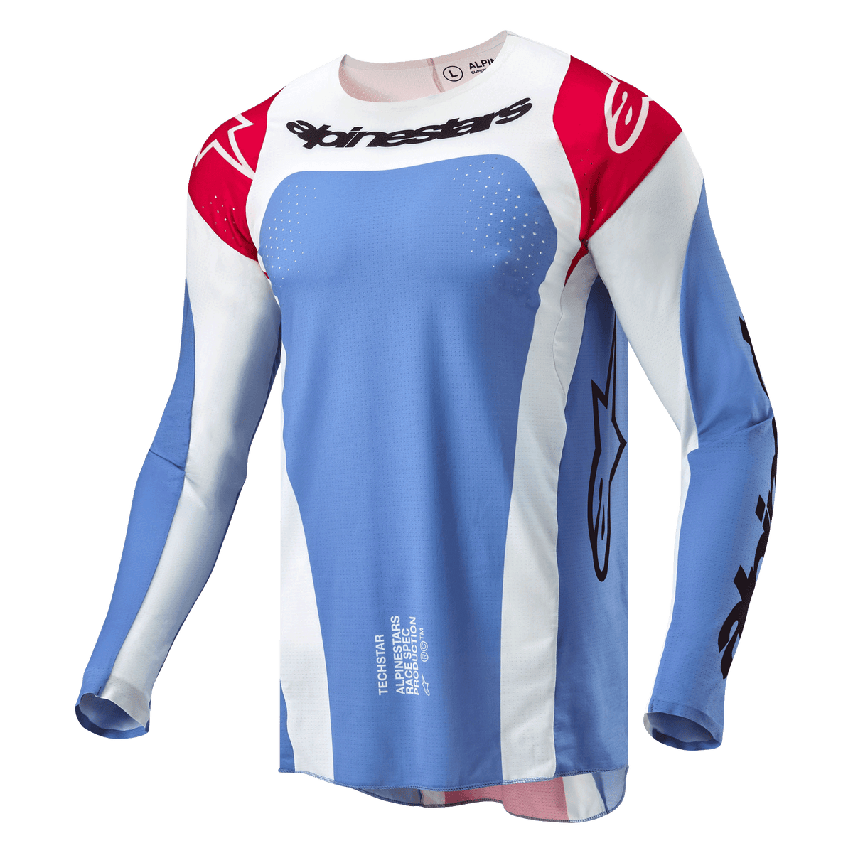 Alpinestars Techstar Ocuri Jersey 2024, jersey de motocross en azul claro, rojo Marte y blanco, con logotipo de Alpinestars negro en el pecho, hombros rojos con logotipos blancos y perforaciones cortadas con láser para ventilación