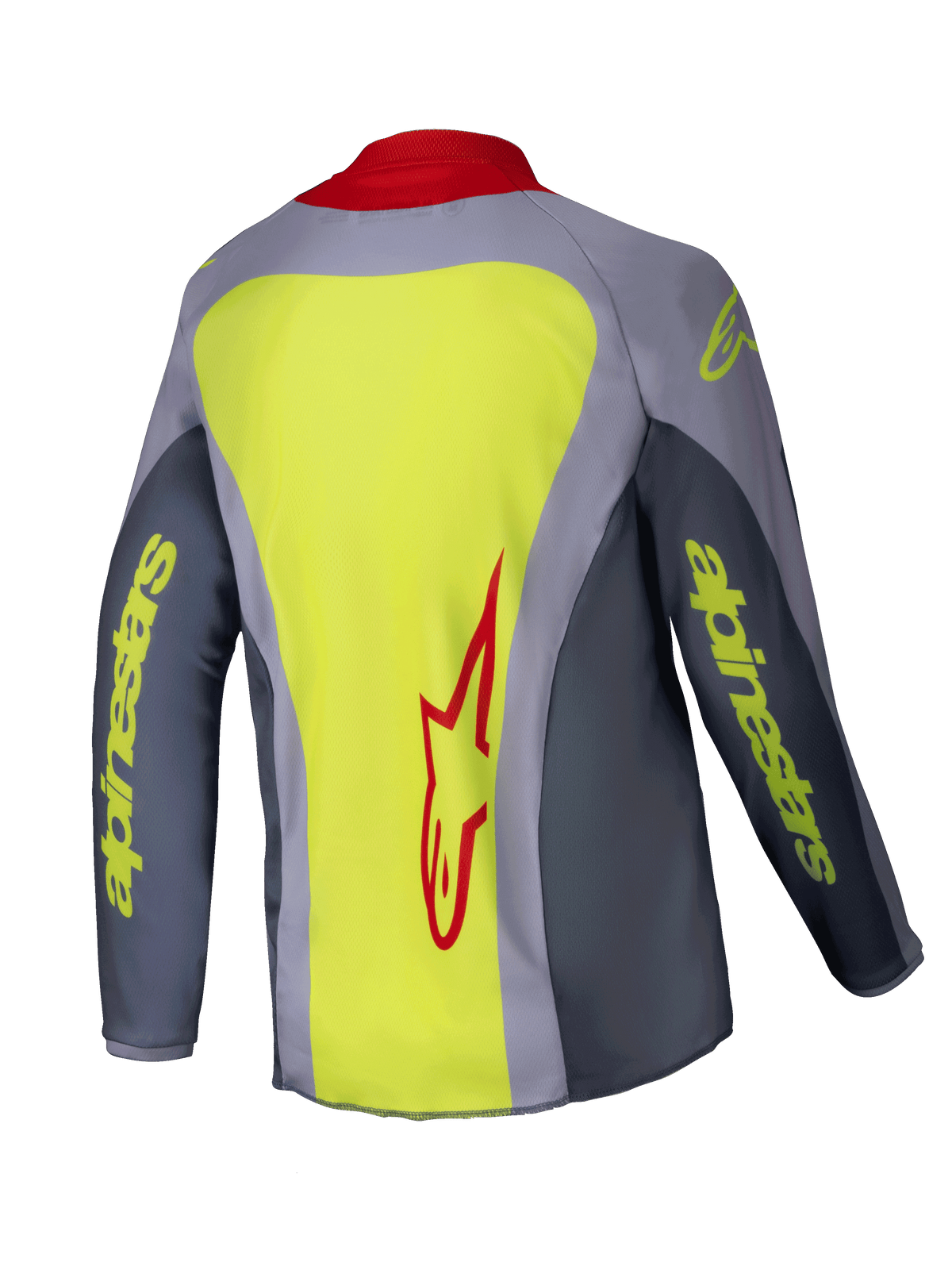 Alpinestars 2025 Youth Racer Melt Jersey, jersey de motocross juvenil, rojo brillante y gris con acentos en amarillo neón, vista posterior que muestra un gran panel amarillo neón con el logotipo de Alpinestars en rojo, mangas grises con letras amarillas y cuello rojo, prenda técnica ligera para carreras off-road
