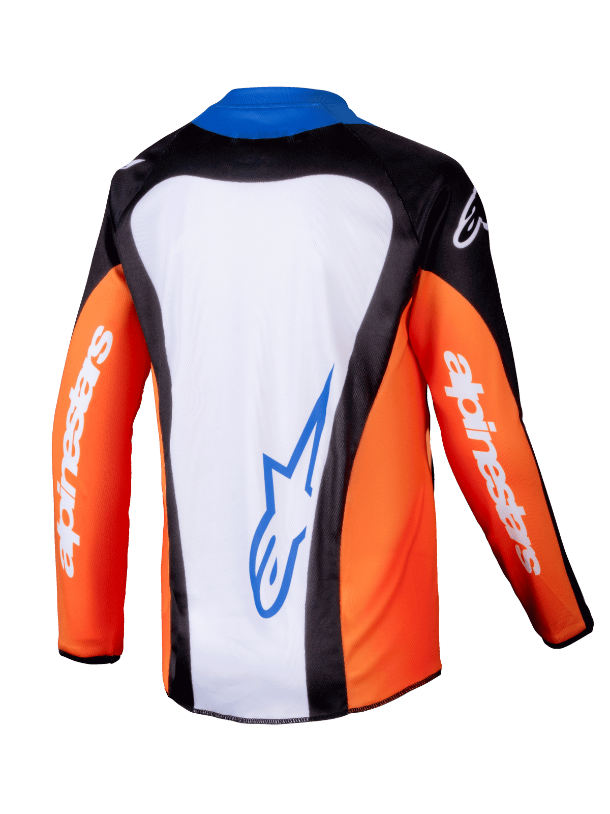 Alpinestars 2025 Youth Racer Melt Jersey, jersey de motocross juvenil, naranja, azul y blanco, vista trasera con panel posterior blanco y logo azul, mangas naranjas con logotipos blancos, diseño ergonómico para conducción off-road