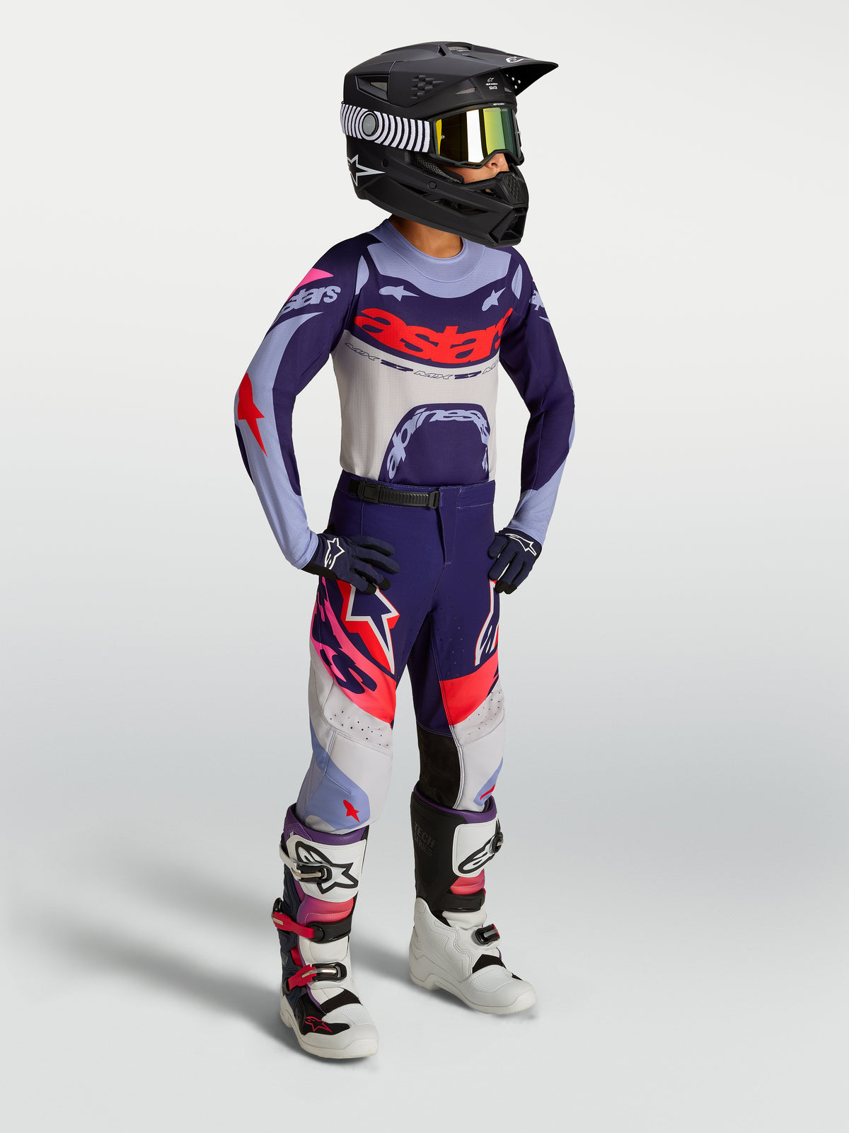 Alpinestars jersey y conjunto Supertech Dyna juvenil 2027, equipo de motocross morado y rosa, ajuste de competición ventilado.