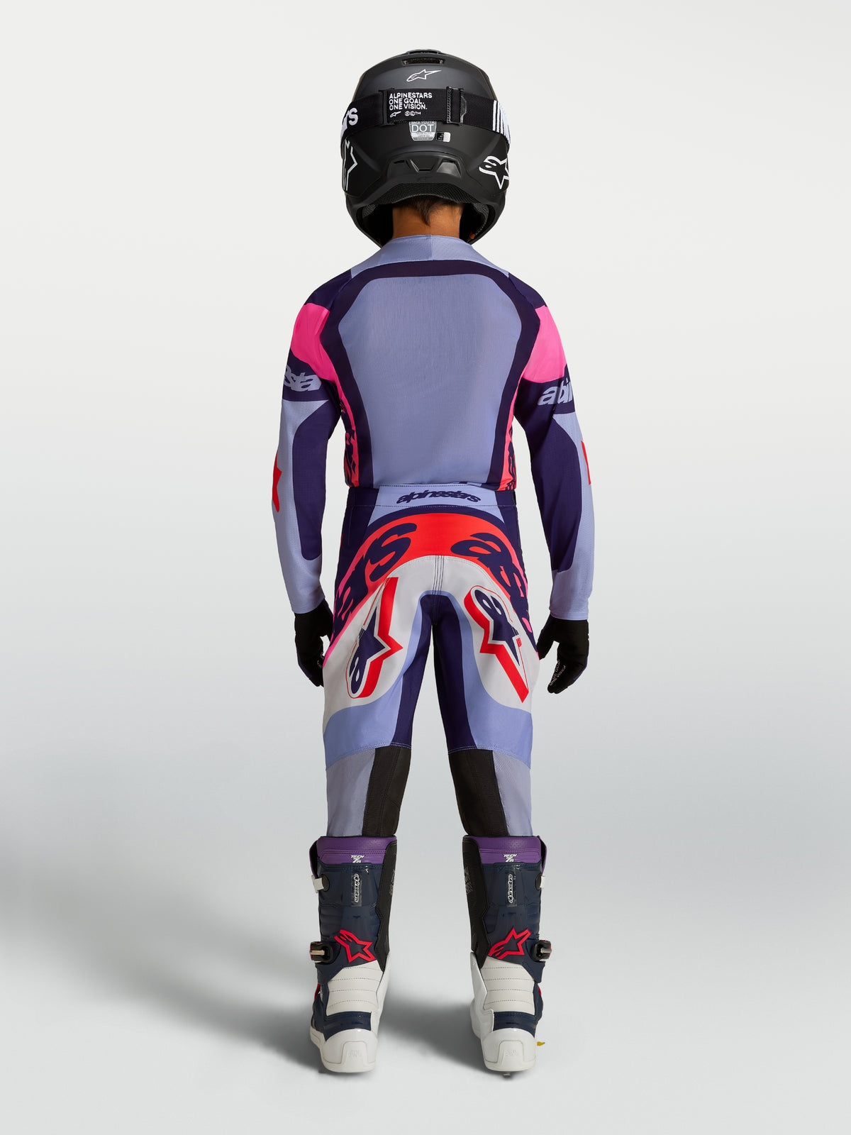 Alpinestars Supertech Dyna Juvenil, conjunto de motocross morado y rosa, jersey de malla elástica ligera para jóvenes pilotos.