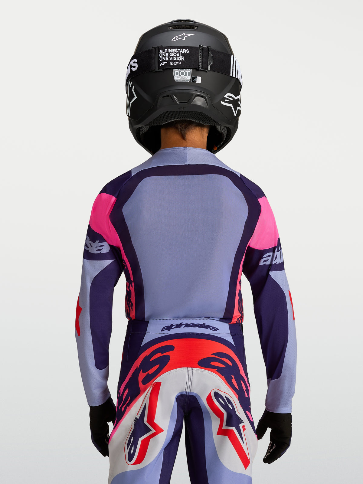 Alpinestars Supertech Dyna, jersey de motocross juvenil, morado y rosa, ajuste de competición, vista trasera