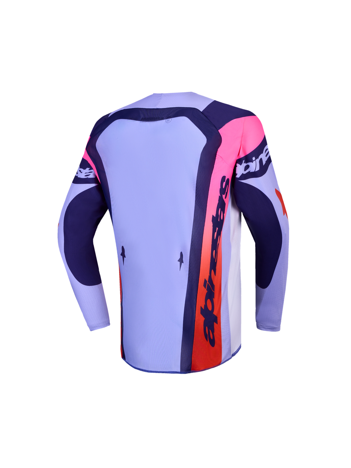 Alpinestars Youth Supertech Dyna, jersey de motocross juvenil, lila y azul marino con detalles rosa, vista trasera.