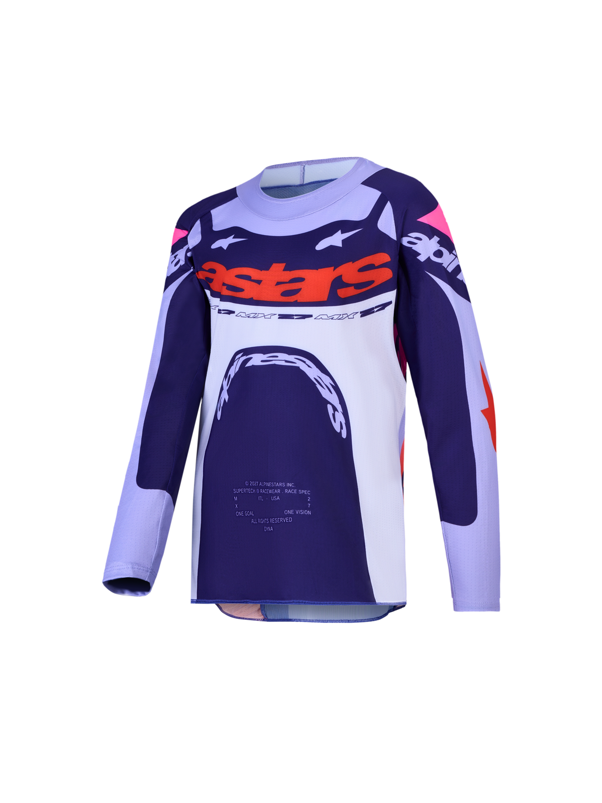 Alpinestars Jersey Supertech Dyna Juvenil, jersey de carreras de motocross, azul marino y blanco con detalles naranja, equipamiento off-road juvenil