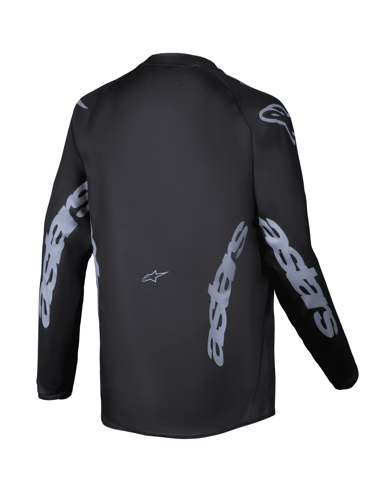 Alpinestars 2025 Youth Racer Graphite Jersey, vista posterior, negro y gris, jersey de motocross de manga larga con la marca Alpinestars en gris en las mangas y los laterales, tejido que absorbe la humedad con un corte trasero más largo para la conducción off-road