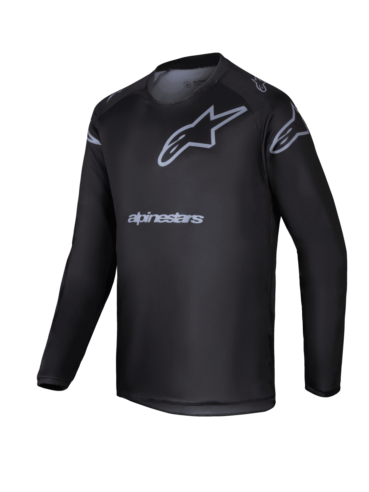 Alpinestars 2025 Youth Racer Graphite Jersey, camiseta de motocross de manga larga para jóvenes, negra y gris con logo de estrella y nombre de la marca en gris, equipamiento ligero de alto rendimiento para conducción off-road juvenil