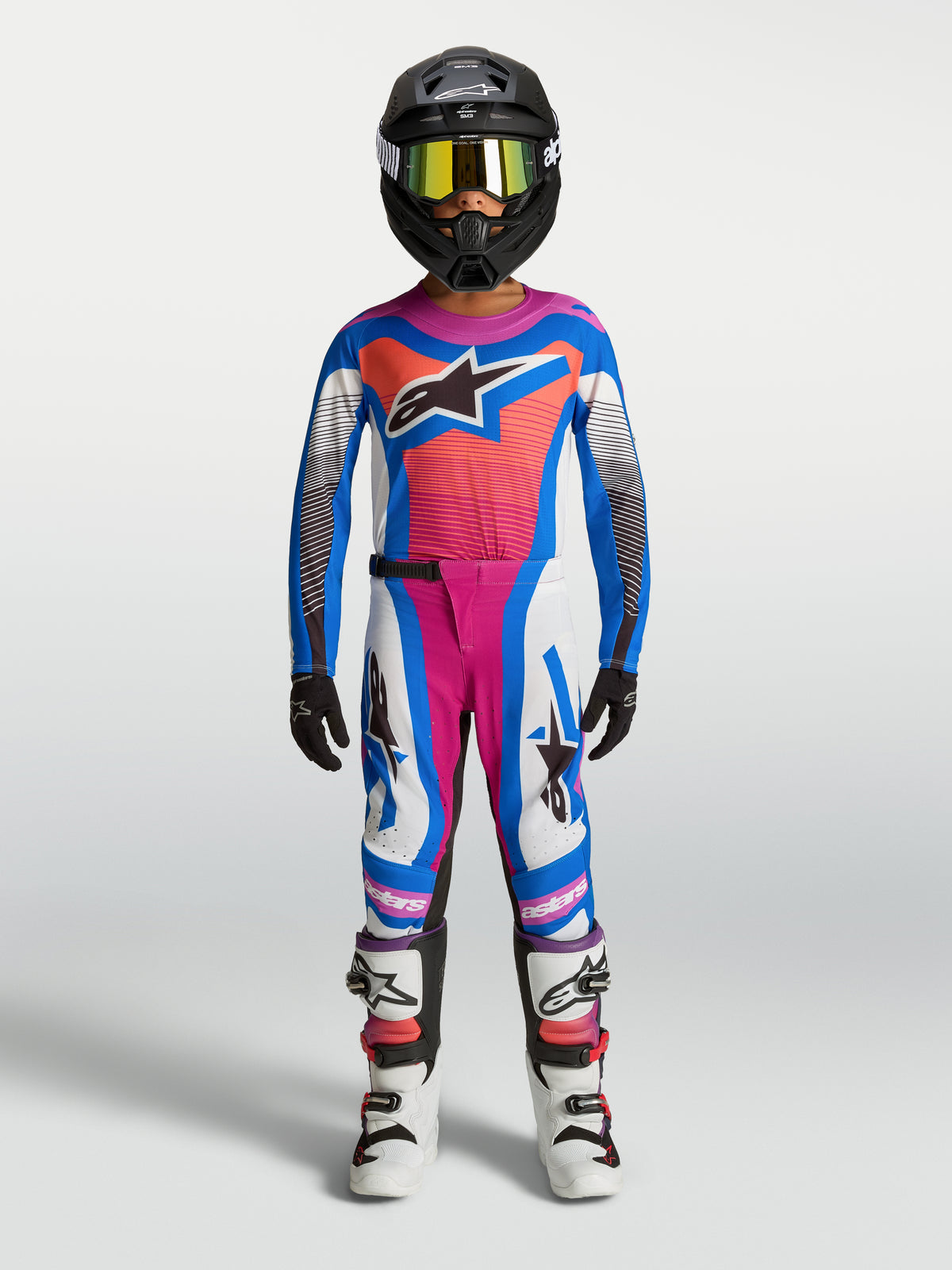 Alpinestars Youth Supertech Maven Jersey AND Gear Set, Motocross, Blithe Blue and Hot Coral, full racing outfit for kids.
