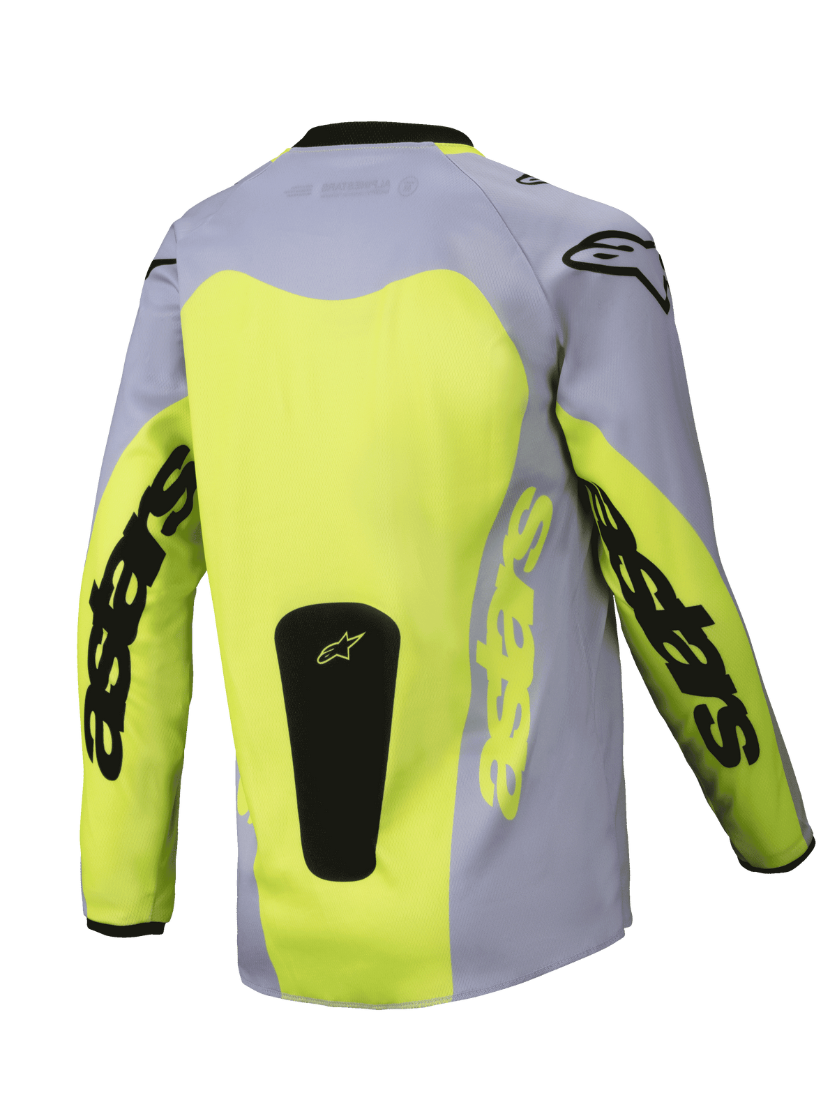 Alpinestars 2025 Youth Racer Veil Jersey, vista posterior, gris y amarillo fluorescente, con un gran panel posterior amarillo y marca Astars en las mangas, parche de logo negro en la base, equipo de motocross ligero para conducción off-road