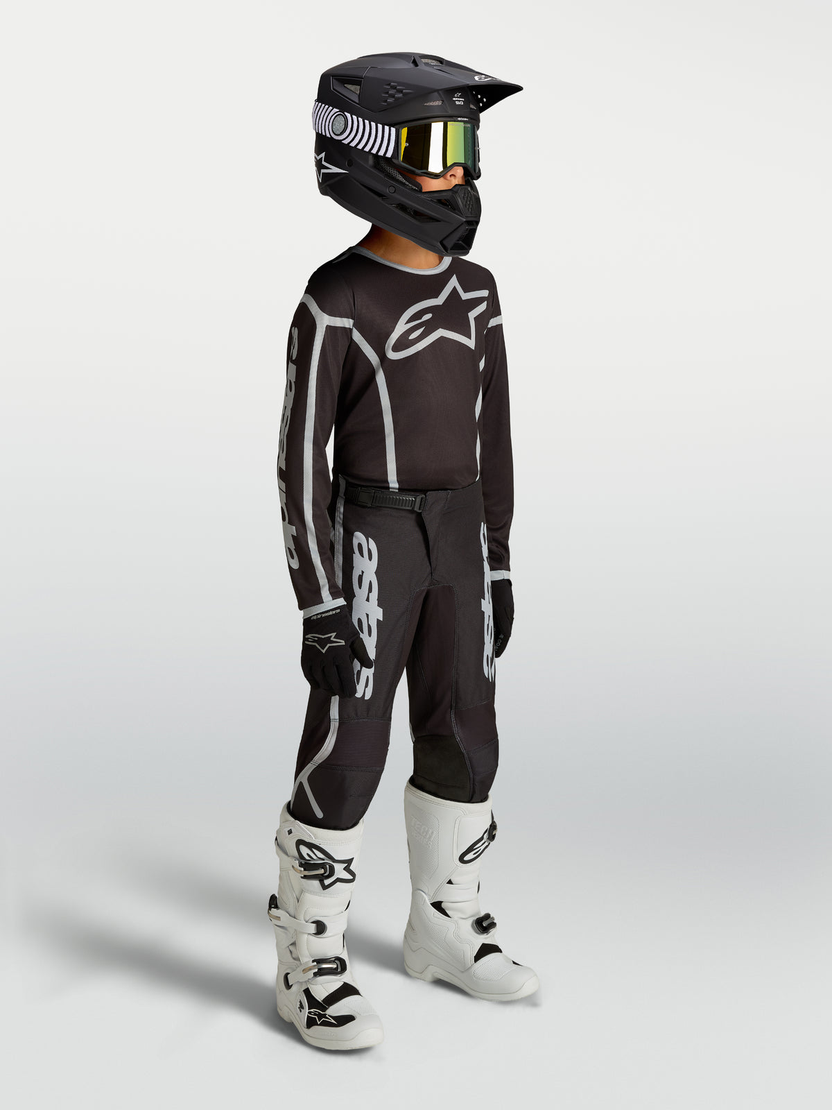Alpinestars Youth Fluid Apex V2 Jersey and Gear Set, youth motocross outfit, black and silver, breathable textile.