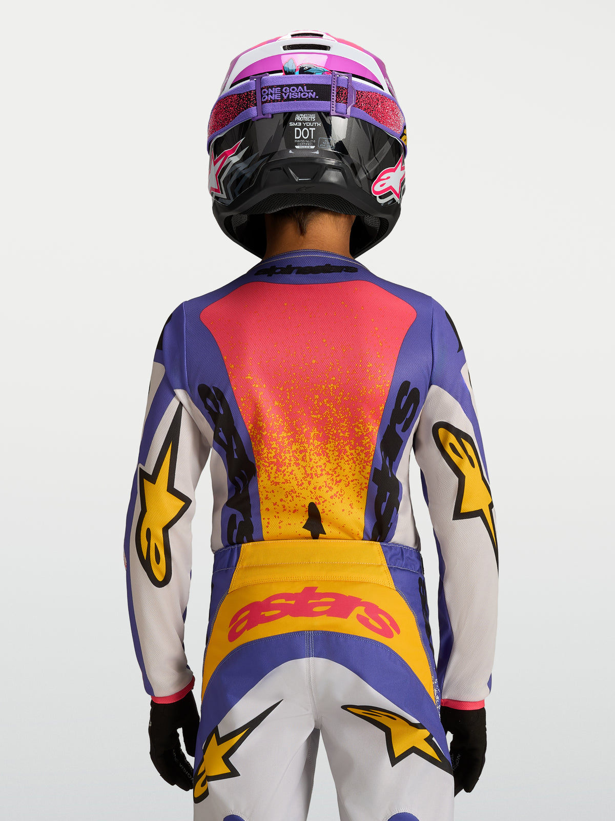 Alpinestars 2027 Youth Fluid Drag Jersey, blue and yellow youth motocross jersey, rear view showing race-inspired graphics.