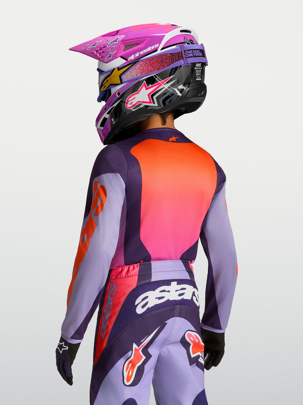 Alpinestars 2027 Youth Fluid Hunt Jersey, purple and pink motocross top for youth riders, lightweight moisture-wicking fabric.