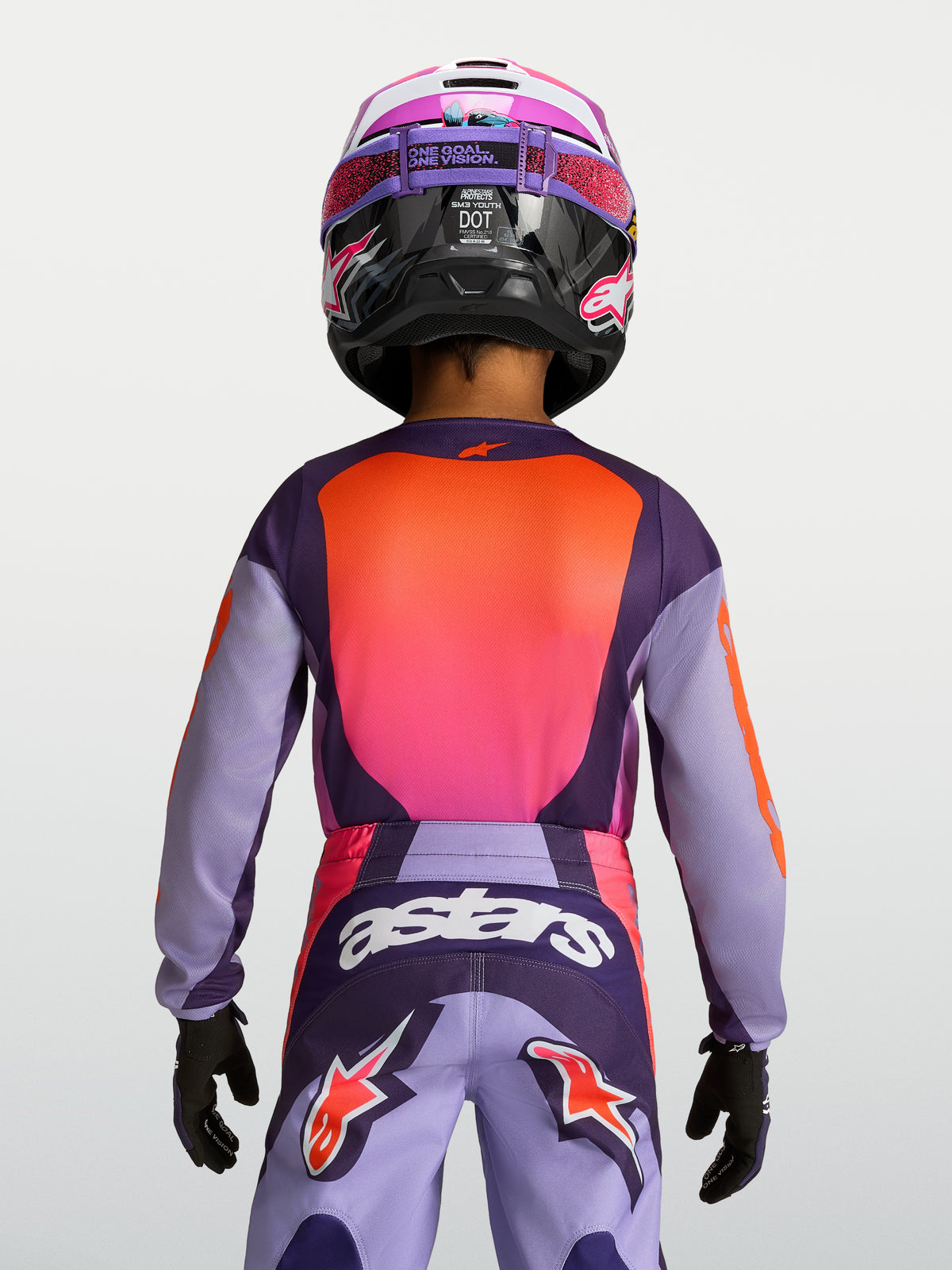 Alpinestars Youth Fluid Hunt Jersey, purple and pink kids motocross gear with moisture-wicking fabric and ergonomic fit.
