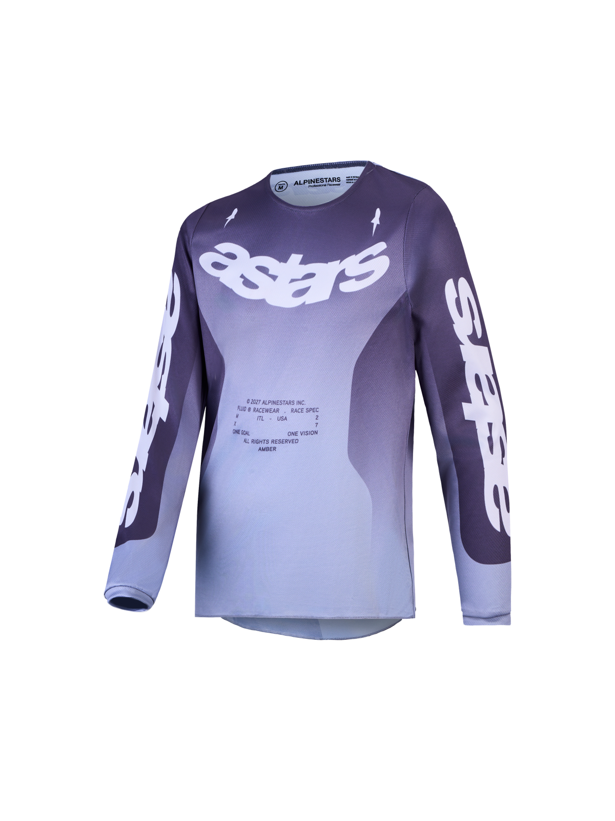 Alpinestars Youth Fluid Amber Jersey, purple and grey gradient youth motocross racing jersey with bold Astars branding and performance off-road design.