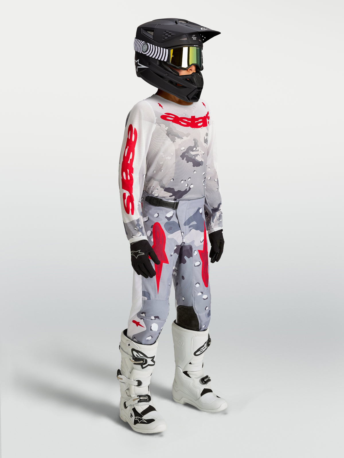 Alpinestars Youth Fluid Lone Gear Set, gray camo and red motocross jersey and pants on rider with white boots.