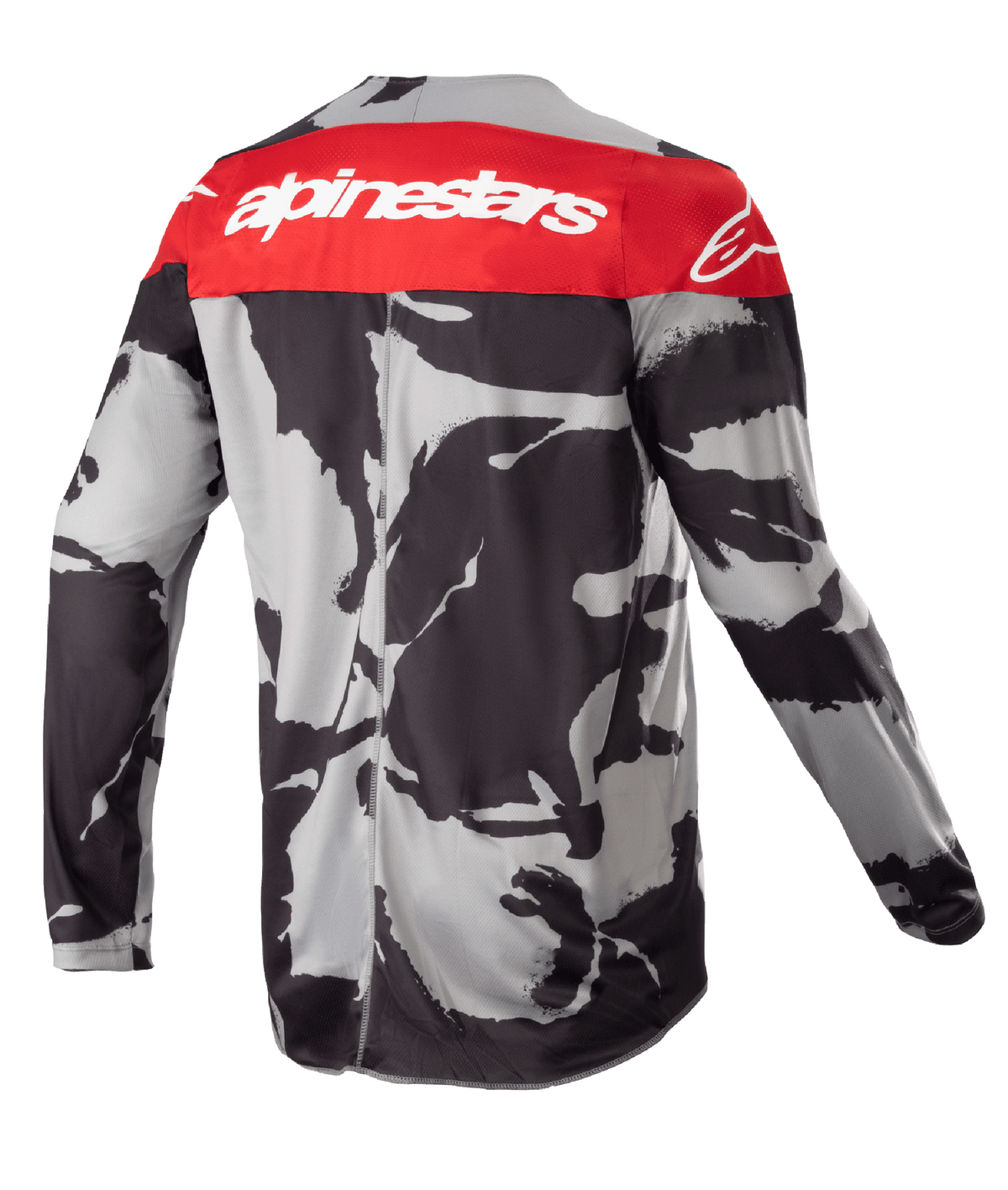 Alpinestars Jersey Racer Tactical Juvenil 2023, jersey de motocross, Gris Camuflaje y Rojo Mars, vista trasera con un panel rojo en los hombros y marca Alpinestars en blanco, patrón de camuflaje abstracto en negro y gris, equipamiento ligero que absorbe la humedad para carreras off-road