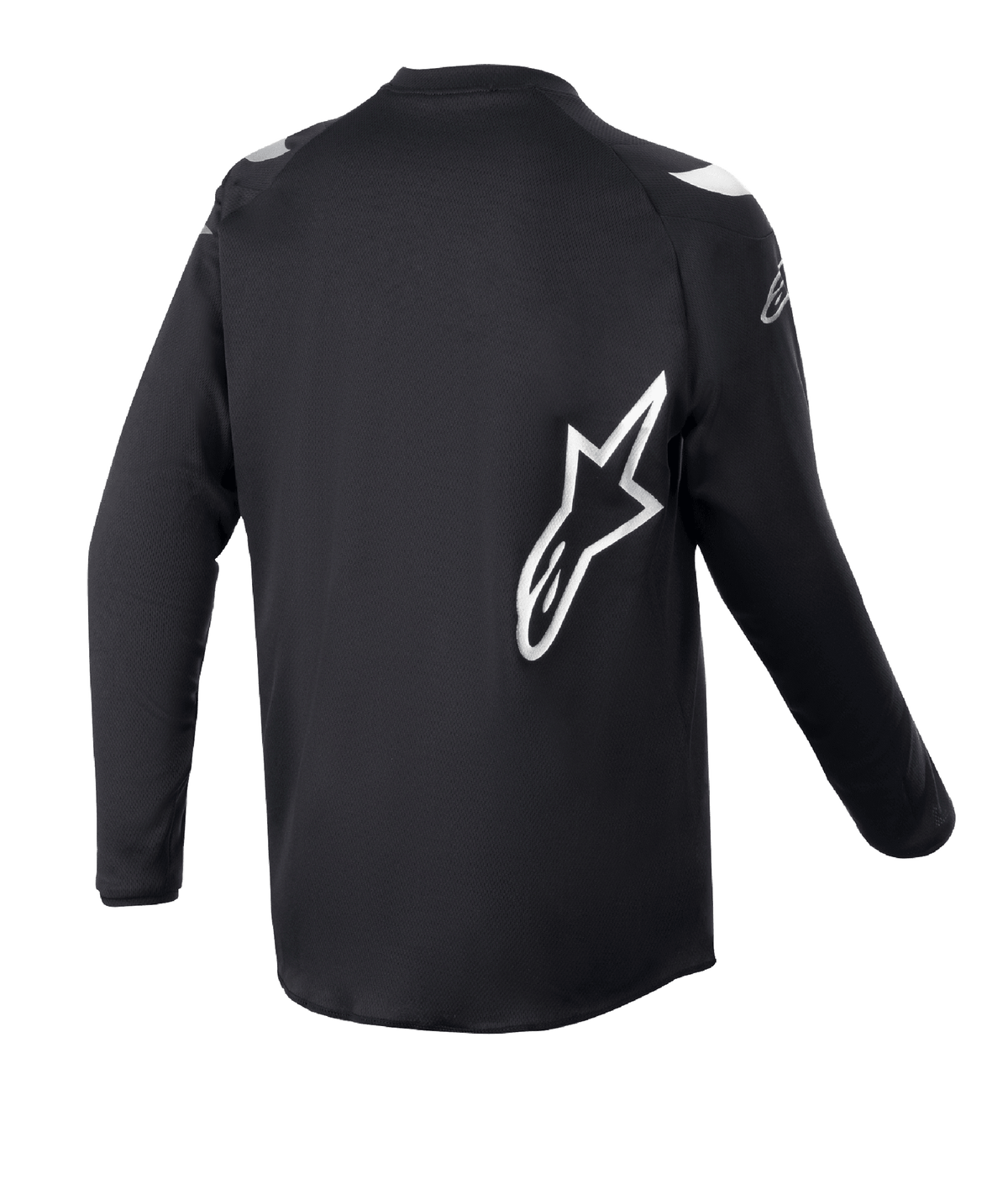Alpinestars Jersey Racer Graphite Juvenil 2023, jersey de motocross, negro reflectante, vista posterior con un gran logotipo de estrella de Alpinestars en blanco, tejido técnico con absorción de humedad, manga larga, equipamiento duradero para todoterreno