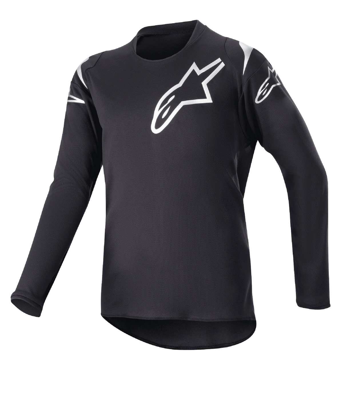 Alpinestars Youth 2023 Racer Graphite Jersey, jersey de motocross, negro y negro reflectante, logotipos de estrellas blancas en el pecho y los hombros, manga larga, tejido ligero que absorbe la humedad con dobladillo trasero más largo, diseño deportivo para conducción off-road