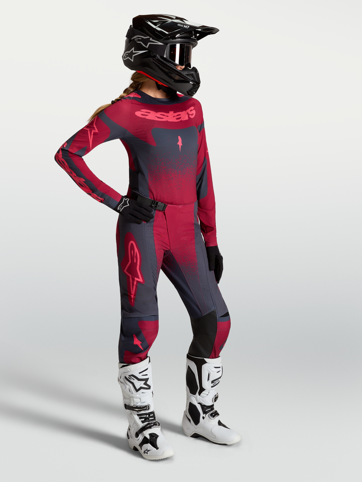 Alpinestars Stella Techstar Swan Gear Set y Pantalones Stella Techstar Swan, conjunto de motocross para mujer, carmesí y gris oscuro, equipo completo para off-road.