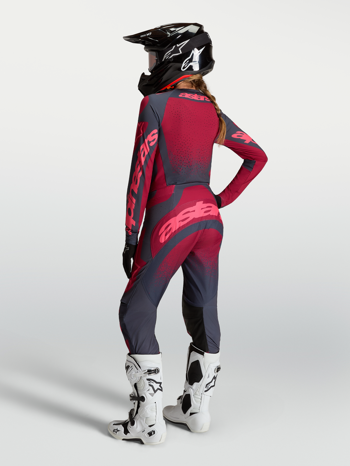 Alpinestars Stella Techstar Swan jersey y conjunto de motocross para mujer, en color rojo carmesí y gris oscuro