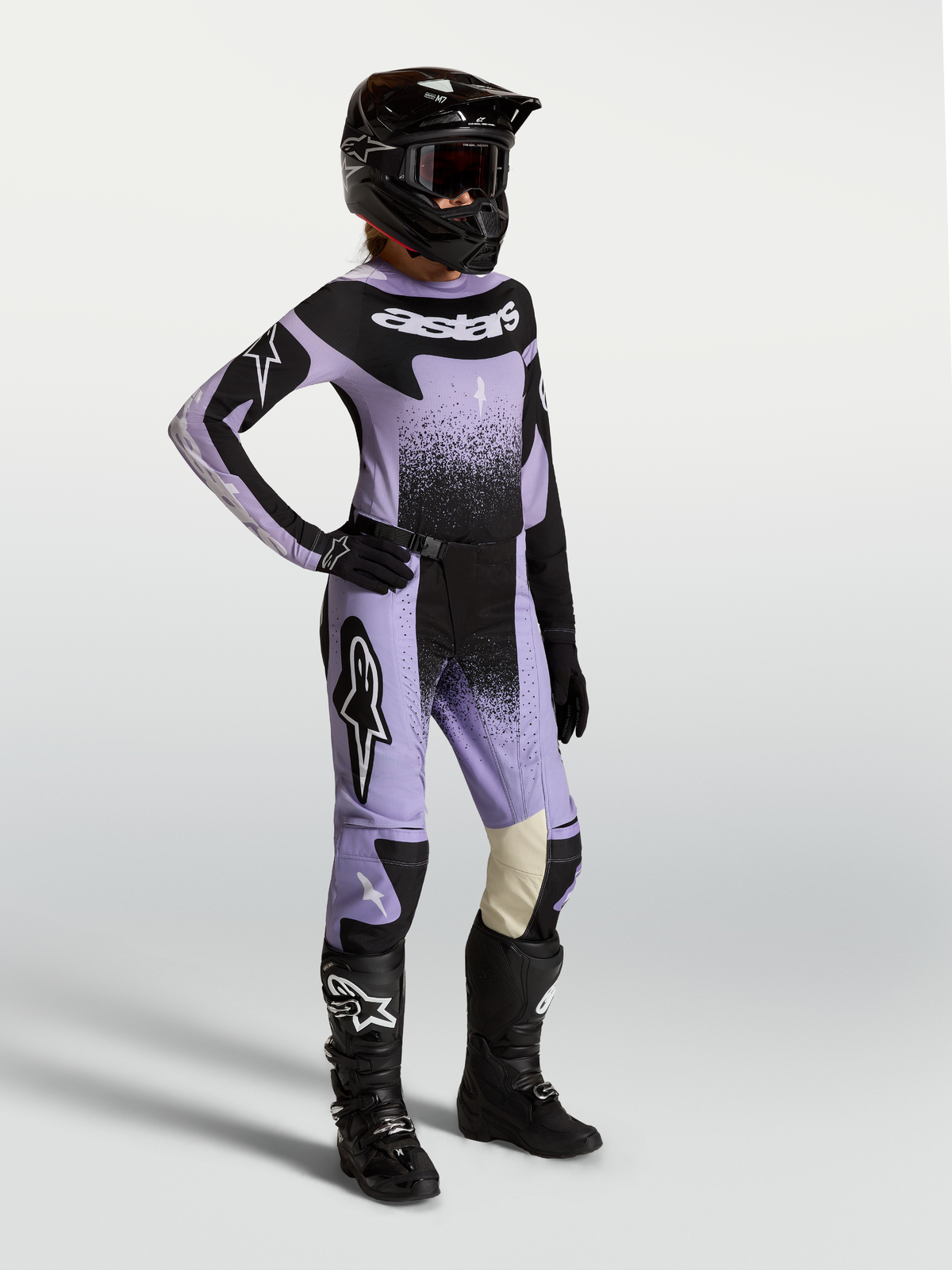 Alpinestars Stella Techstar Swan, jersey y conjunto de motocross para mujer, violeta claro y negro, gráficos de cisne