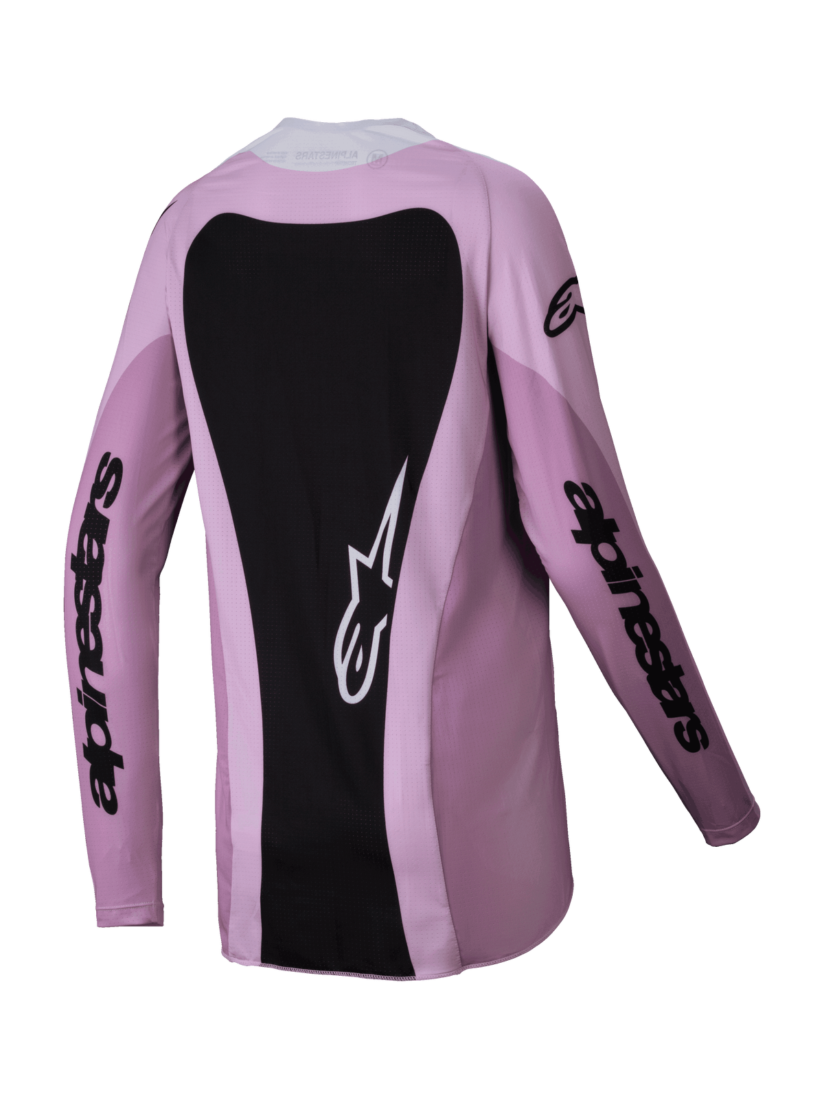 Alpinestars Stella Techstar Melt Jersey 2025 para mujer, jersey de motocross, Blush Black, vista trasera con un gran panel posterior negro y logotipo Astars en blanco, marca negra en las mangas y construcción de politejido ligero para carreras todoterreno