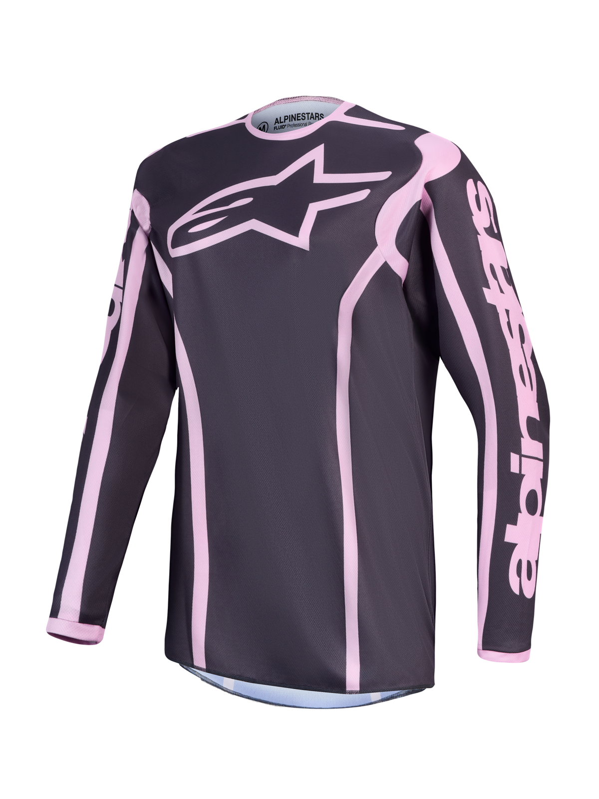 Alpinestars Stella Fluid Apex V2, jersey de motocross para mujer, gris y rosa, tejido técnico transpirable y antihumedad.