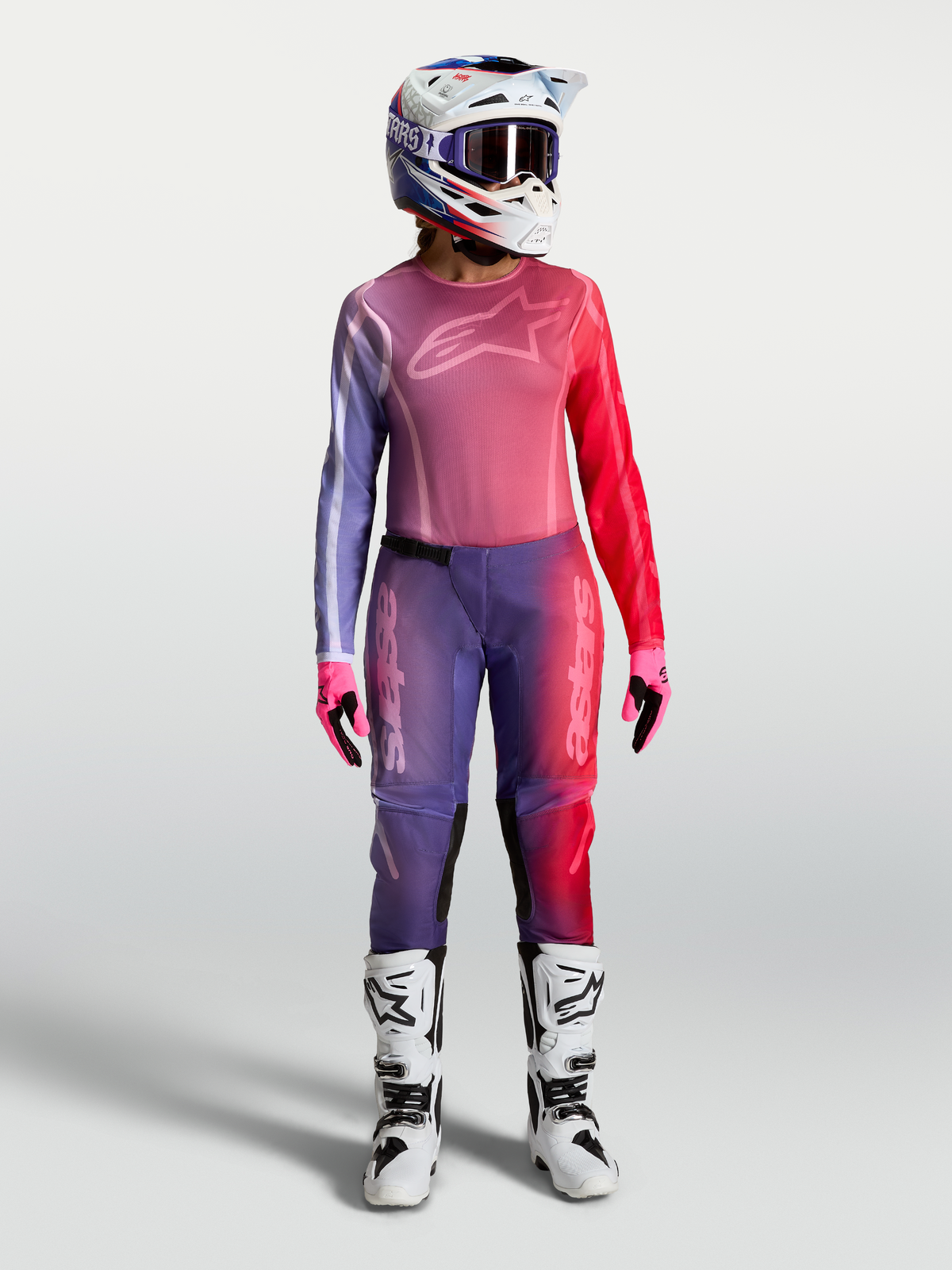 Alpinestars Stella Fluid Kepler Gear Set, conjunto de motocross para mujer, morado y rojo, jersey y pantalones técnicos.