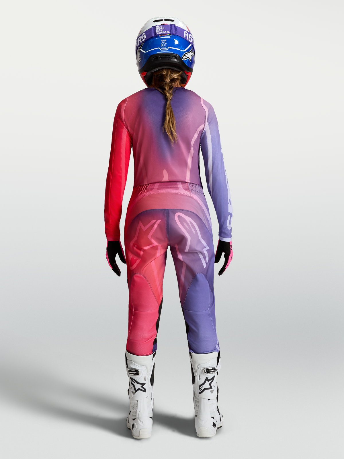 Alpinestars pantalones Stella Fluid Kepler y Stella Fluid Kepler Gear Set, conjunto de motocross para mujer, morado y rojo, vista trasera, equipo técnico para off-road