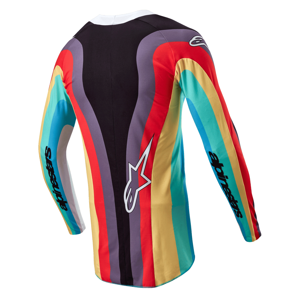 Alpinestars Stella Techstar Jersey 2024 para mujer, jersey de motocross, negro multicolor, vista trasera con un vibrante patrón ondulado en rojo, amarillo y turquesa, logo Astar blanco en la parte inferior de la espalda y marca Alpinestars en las mangas