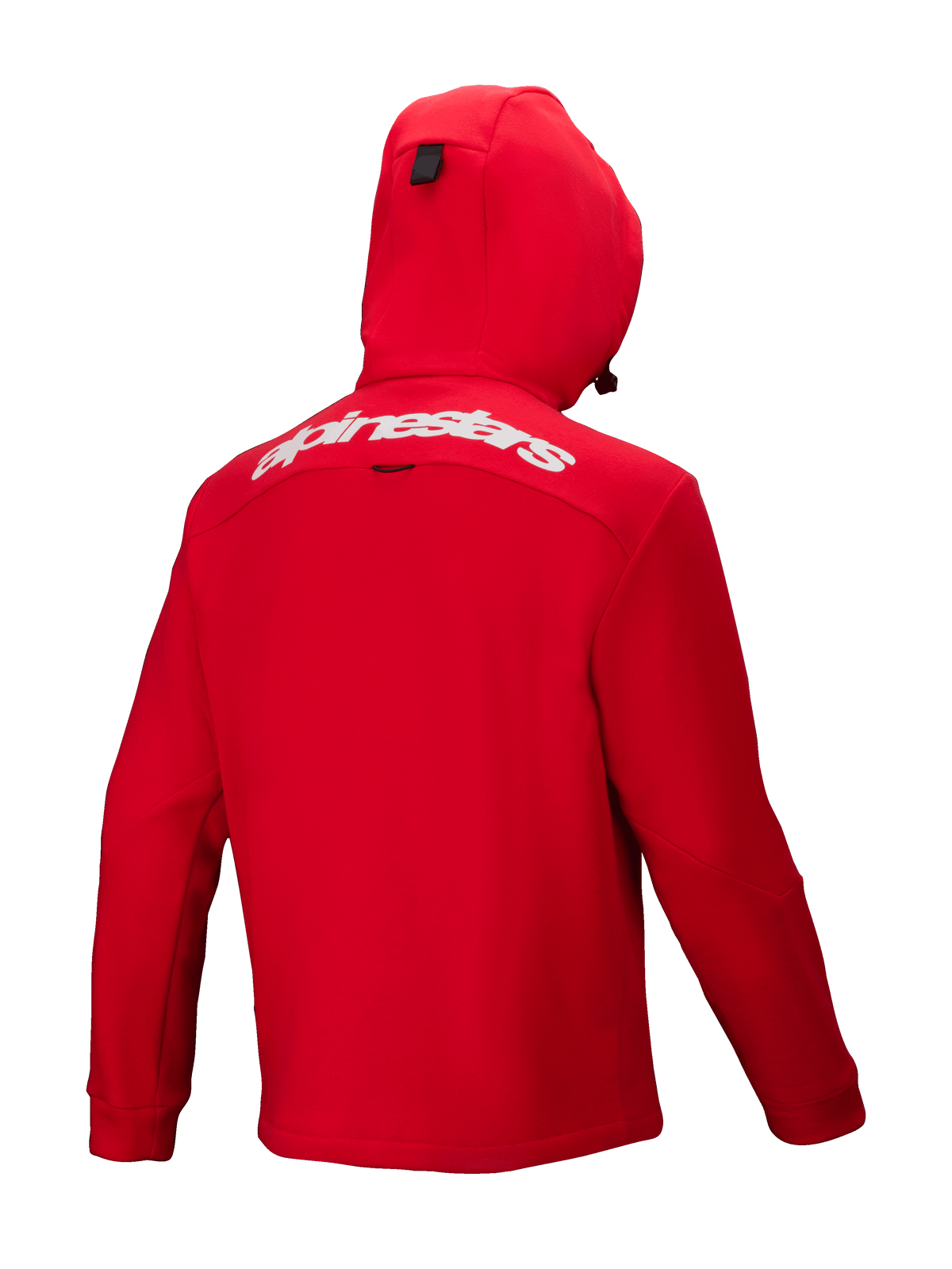 Alpinestars Racer MX Fleece, Bright Red motocross hoodie, back view, featuring a white Alpinestars wordmark across the upper back, integrated hood, and ergonomic design for off-road performance