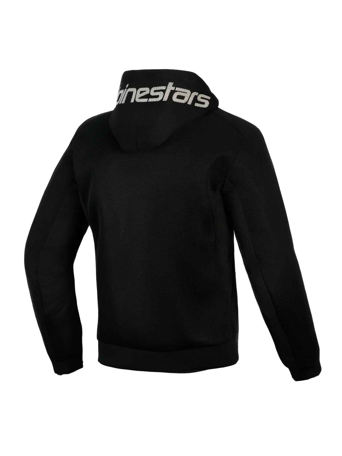 Alpinestars Chrome Superairflow Hoodie, negra, vista trasera, con el logotipo de Alpinestars en blanco en la capucha, construcción de malla técnica 3D completa para ventilación, prenda de protección para moto en climas cálidos