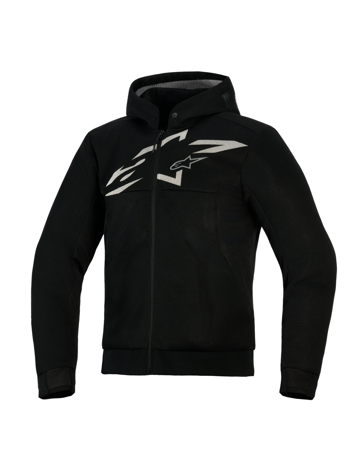 Alpinestars Chrome Superairflow Hoodie, sudadera de moto ventilada, negra con logotipo blanco y gris, con construcción de malla 3D completa, diseño de cremallera frontal con capucha integrada y corte atlético para conducción deportiva