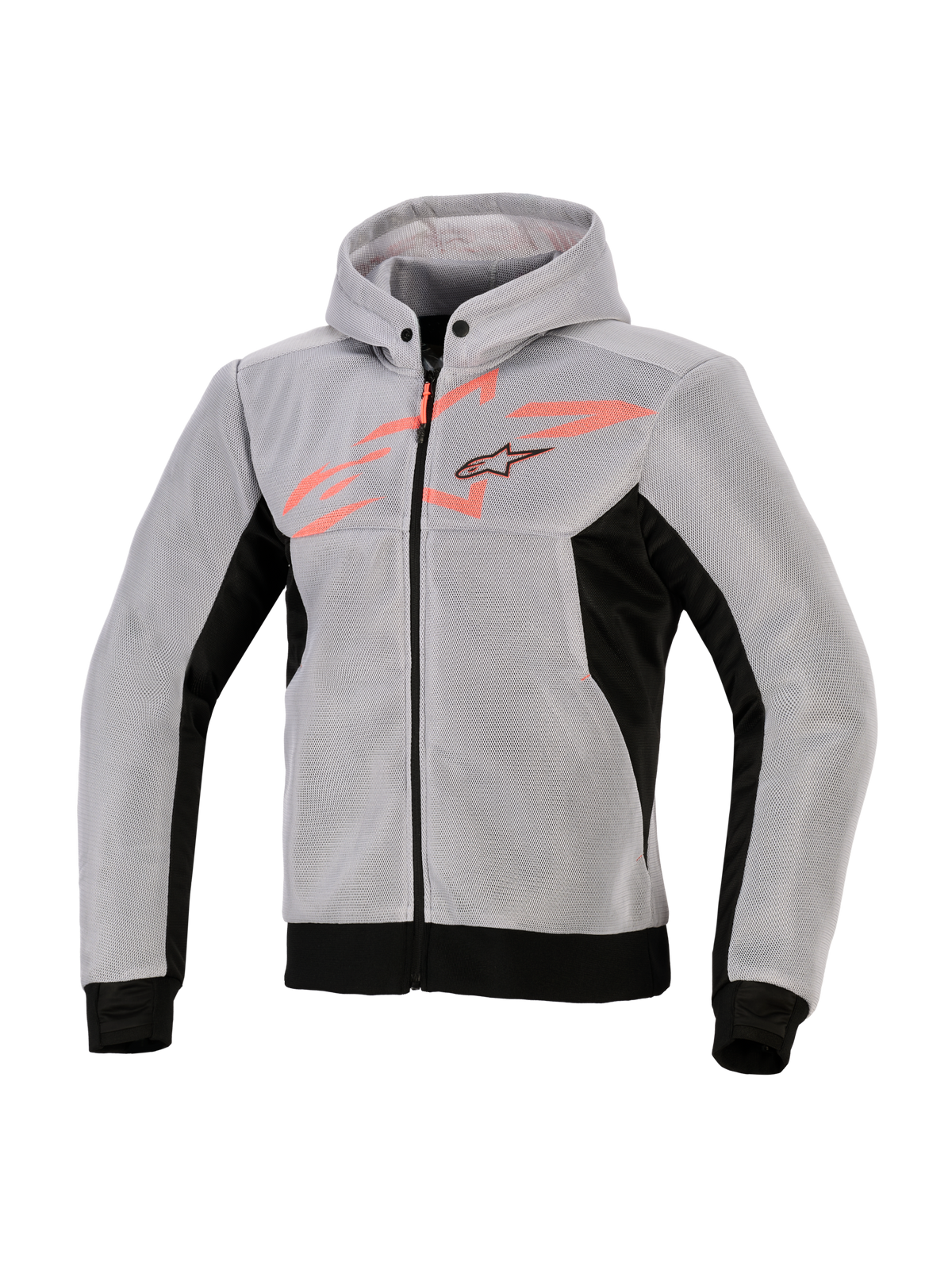Sudadera Alpinestars Chrome Superairflow, sudadera técnica de conducción, negro, gris medio y rojo flúor, construcción de malla técnica 3D, gris claro con paneles laterales y dobladillo en negro, gráfico rojo flúor en el pecho con el logo de la estrella de Alpinestars, equipamiento deportivo para motorista